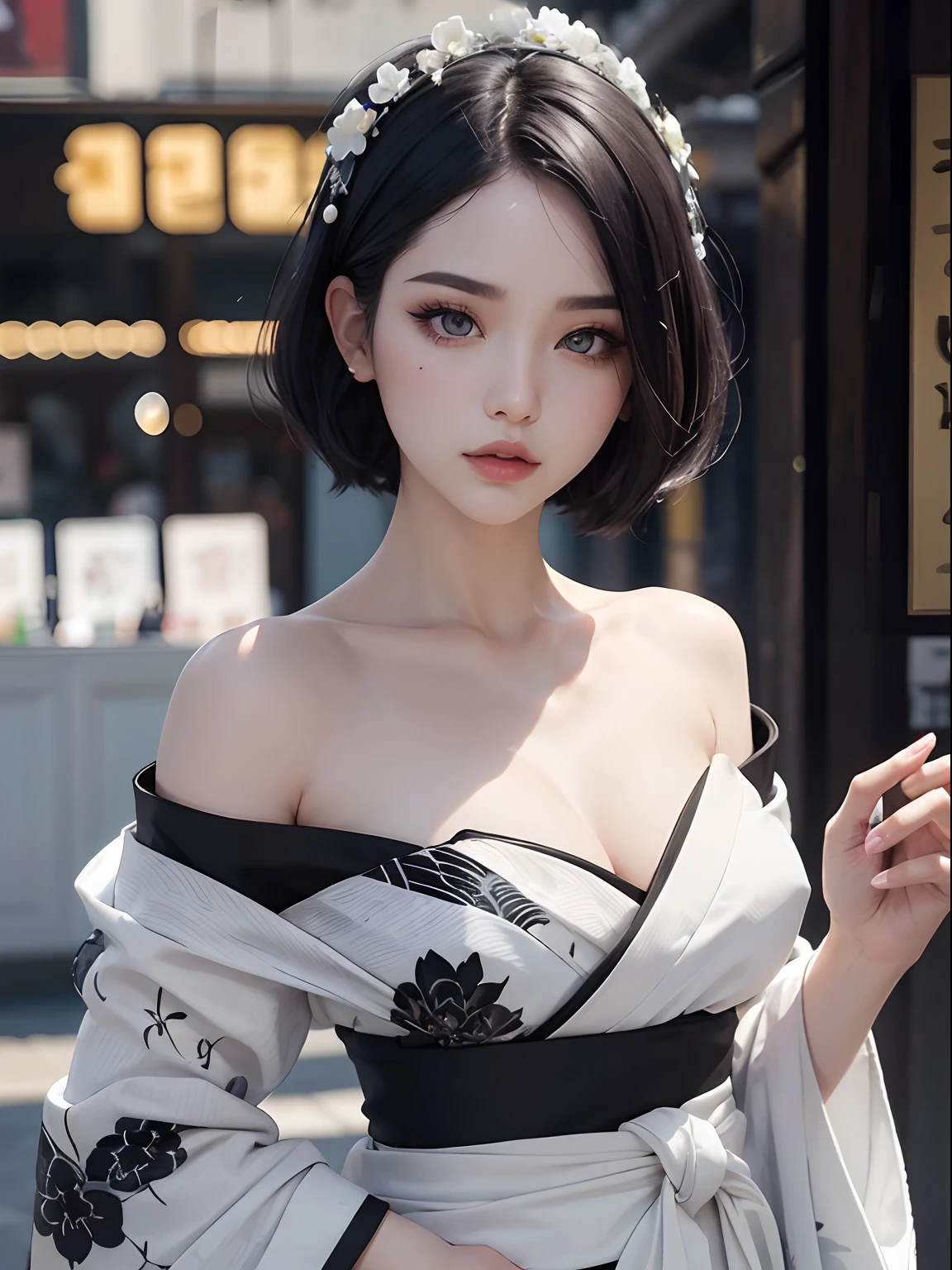 White marble pattern kimono、Black eyeliner and black eyeshadow、A detailed face、detailed facial expression、Shoot from the waist up、Dynamic Posing、Fancy makeup、See-through stall、Platinum Color Hair、short-hair、Show shoulders、Shoulder out、