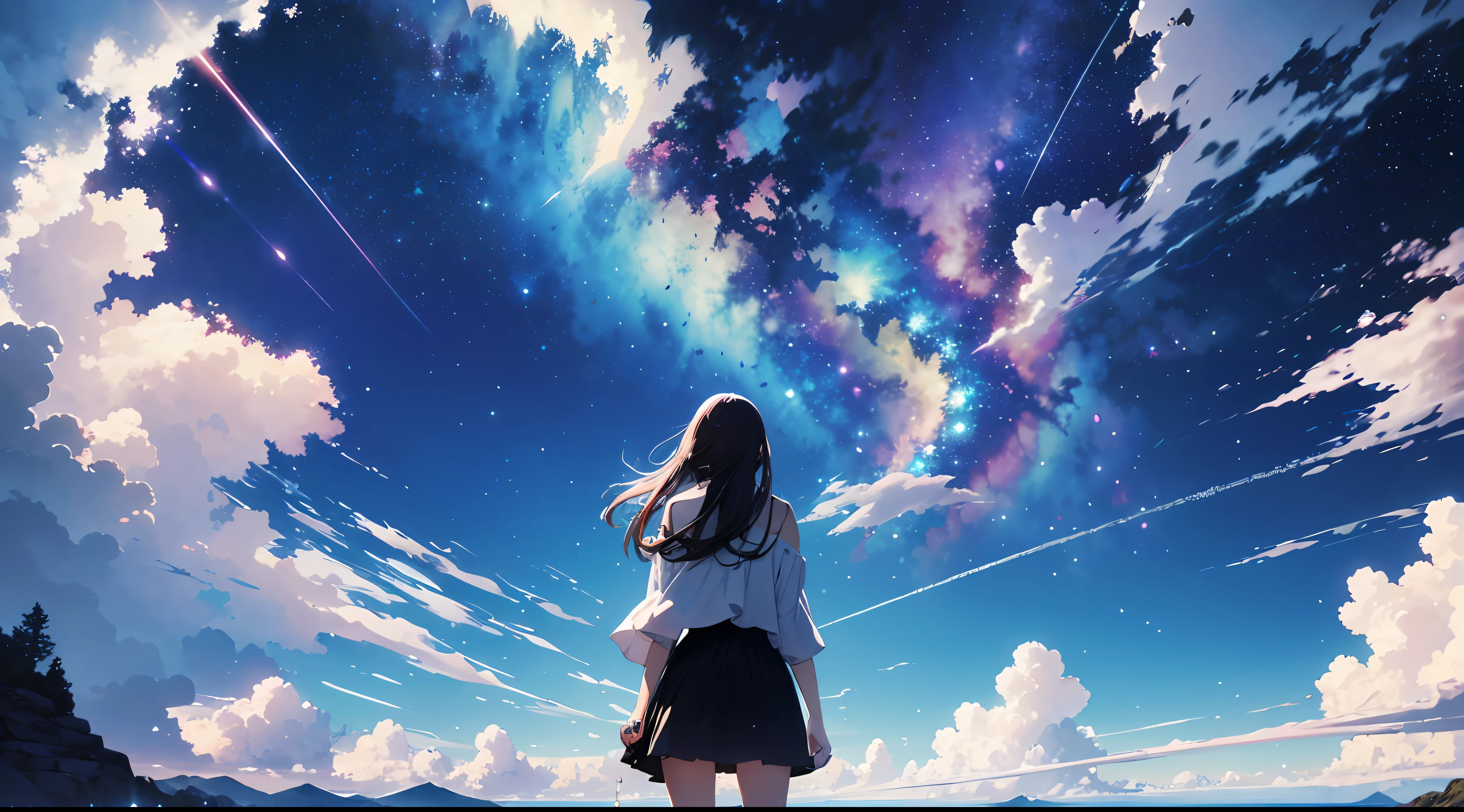 absurdity, high resolution, (official art, beautiful and aesthetic: 1.2), close view,
sparkling sky, vast world, girl, staring, awe-inspiring expression, distant horizon, clouds, high hill, natural beauty, inspiration, light effect, wide shot, from afar,