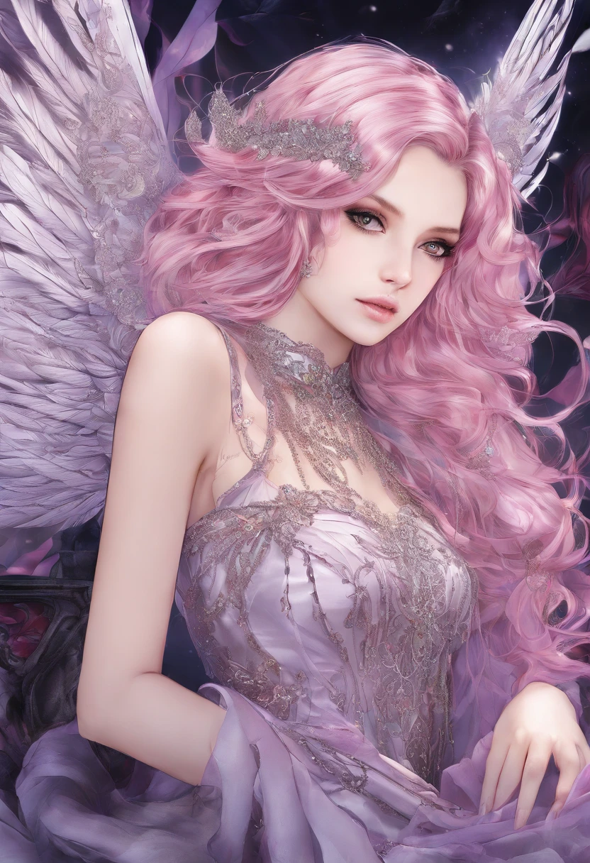 RAW photograph, photorealistic pic of a 17 yo girl, golden skin, pink hair, long hair, scattered, hair blown up by the wind, ((lilac eyes)), perfect face, highly detailed facial features, deep eyes, smile, pink angel wings, angel, iridescent blue feather skirt, fishnet stockings, sliver heels, high-grade lighting, exquisite picture, exquisite eyes, best shadow, best picture quality, best light, rich details, atmosphere, high resolution, masterpiece, stained glass background, Head Tilt, Rich Detail, Fine Background, erotic pose, gothic