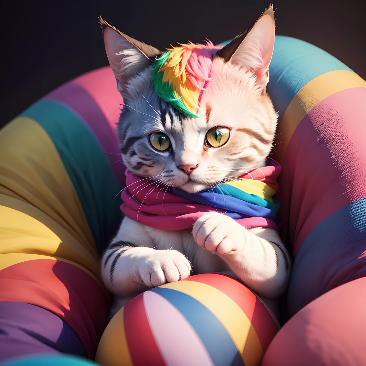 A cat wrapped in a rainbow flag with a pink human hairstyle