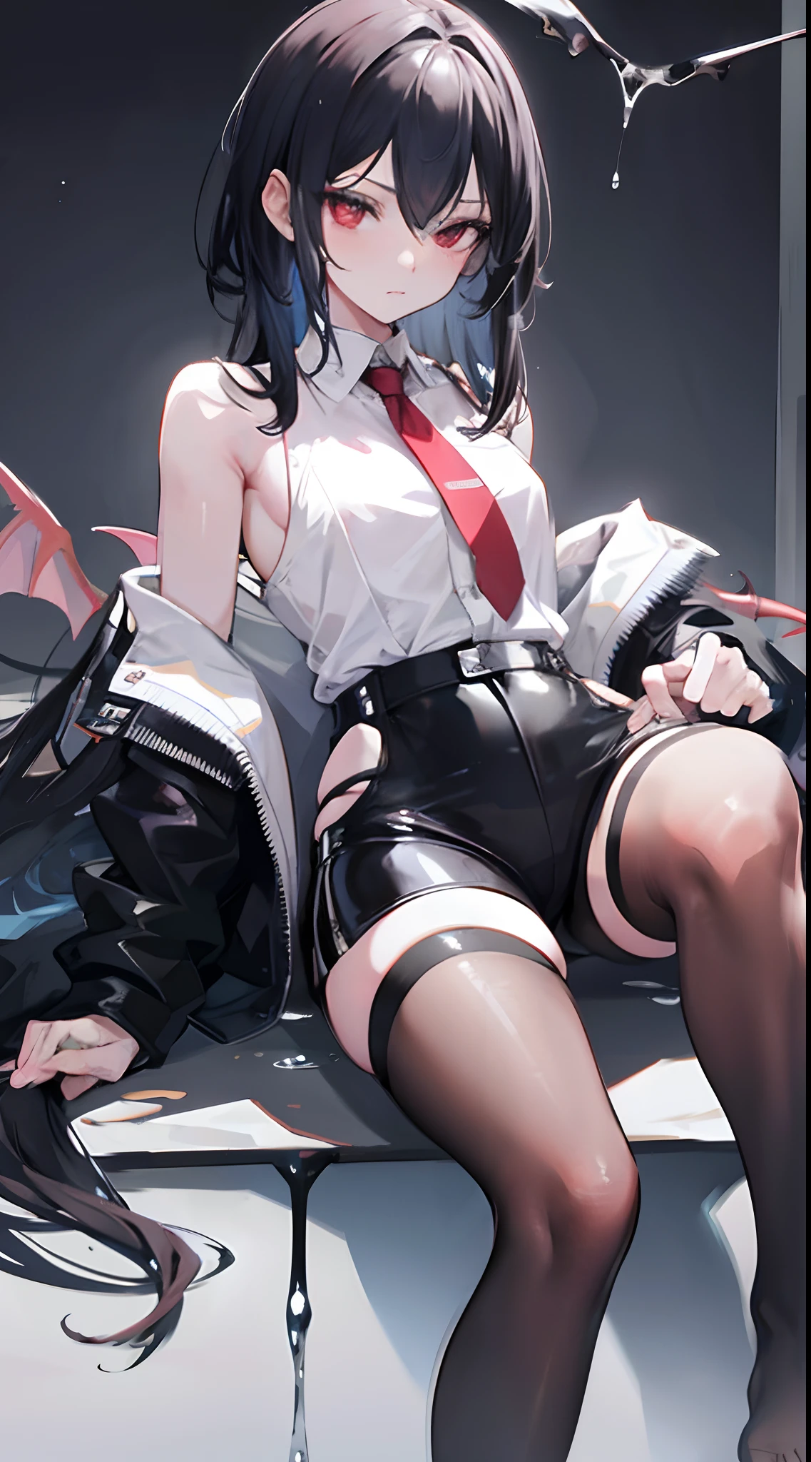 opening legs,No underwear, the feet,is shy,sitted, Feet,Exposed genitals,clear liquid,Bigchest,transparent panty,soaking wet,Hold your thighs from behind with your hands,Emotive expressions,Ambiguous,taunt,Succubus,Unoccluded,There is no lower limit,Mesh socks,black lence stockings,Leather shorts