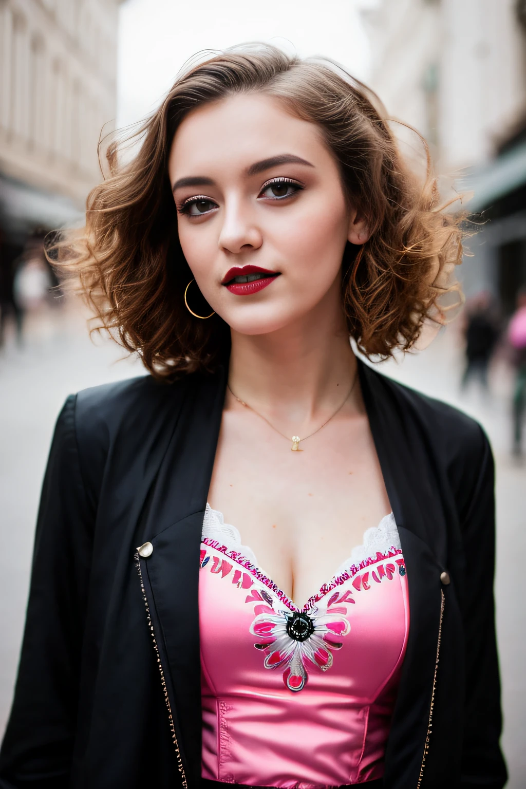 RAW photo, Instagram photo of a young English woman, 18 years old, beautiful face, make-up, bokeh background, short dark expressive hair, dark lips open pink patterned dirndl, covered, jacket, curls, very long expressive hair, shy, happy, outside erotic pose, cyberpunk, gothic