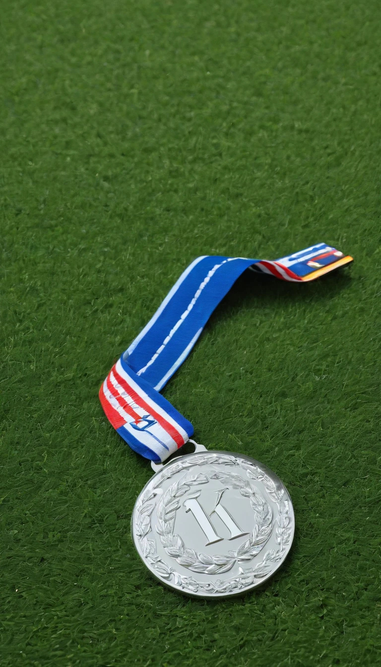 Glass round medal。 Acrylic material。Place vertically on the grass in the middle of the stadium on the runway。Athletics field。Sense of space