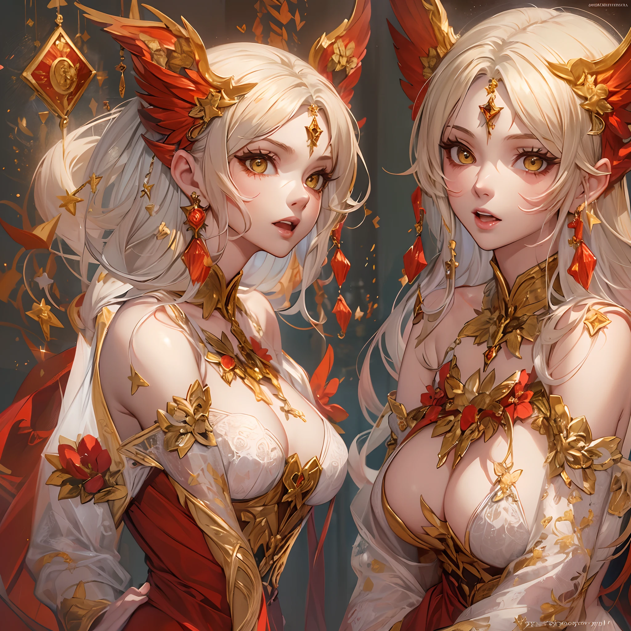 ((Masterpiece, Highest quality)), Detailed face, CharacterDesignSheet, full bodyesbian, Full of details, Multiple poses and expressions, Highly detailed, Depth, beuaty girl,summoning,Red and yellow,estilo fantasia,lacepantyhose,Extremely beautiful,High Balance, Natural light,Star decoration