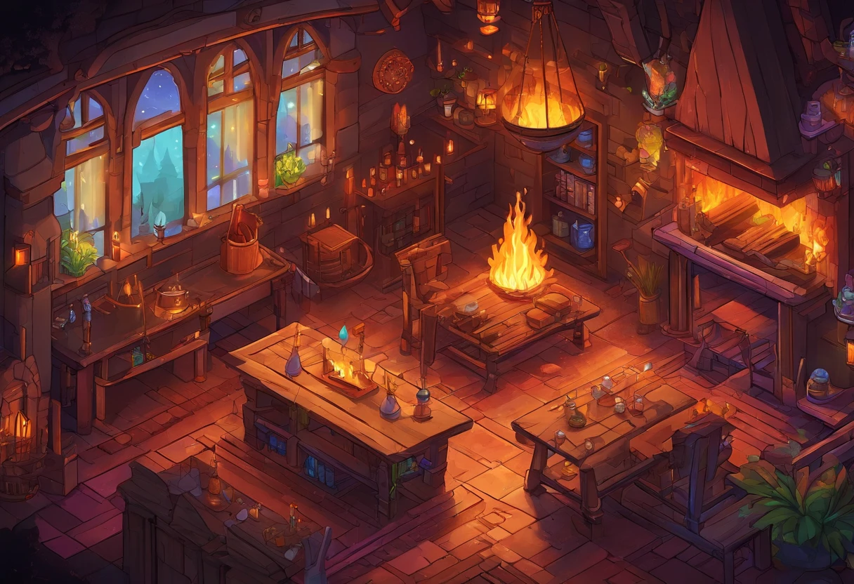 fantasy tavern interior, space tavern, rustic, artifacts on the walls, showcase artifacts, tavern patrons, dark tavern, space outside windows, space theme, ((silvery space flora, space flora)), space background, night time outside, ((fireplace(iridescent fire, rainbow fire)))