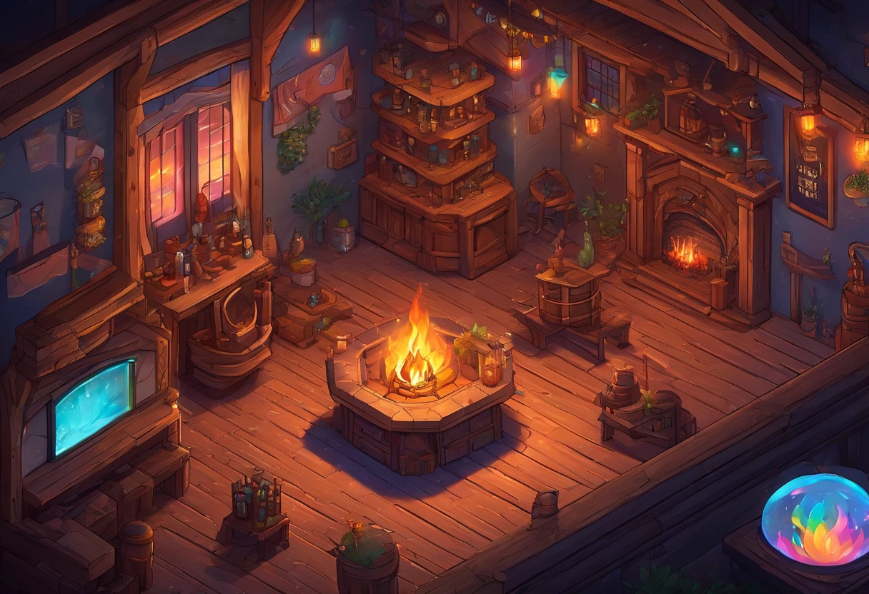 fantasy tavern interior, space tavern, rustic, artifacts on the walls, showcase artifacts, tavern patrons, dark tavern, space outside windows, space theme, ((silvery space flora, space flora)), space background, night time outside, ((fireplace(iridescent fire, rainbow fire)))