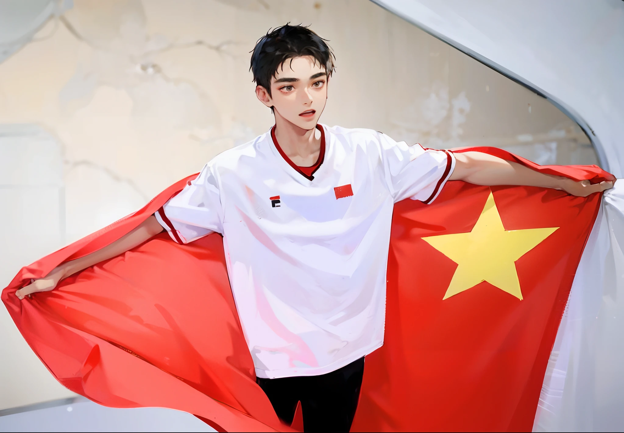 young boy,Wearing a white T-shirt,Black pantsuit,Draped in a five-star red flag