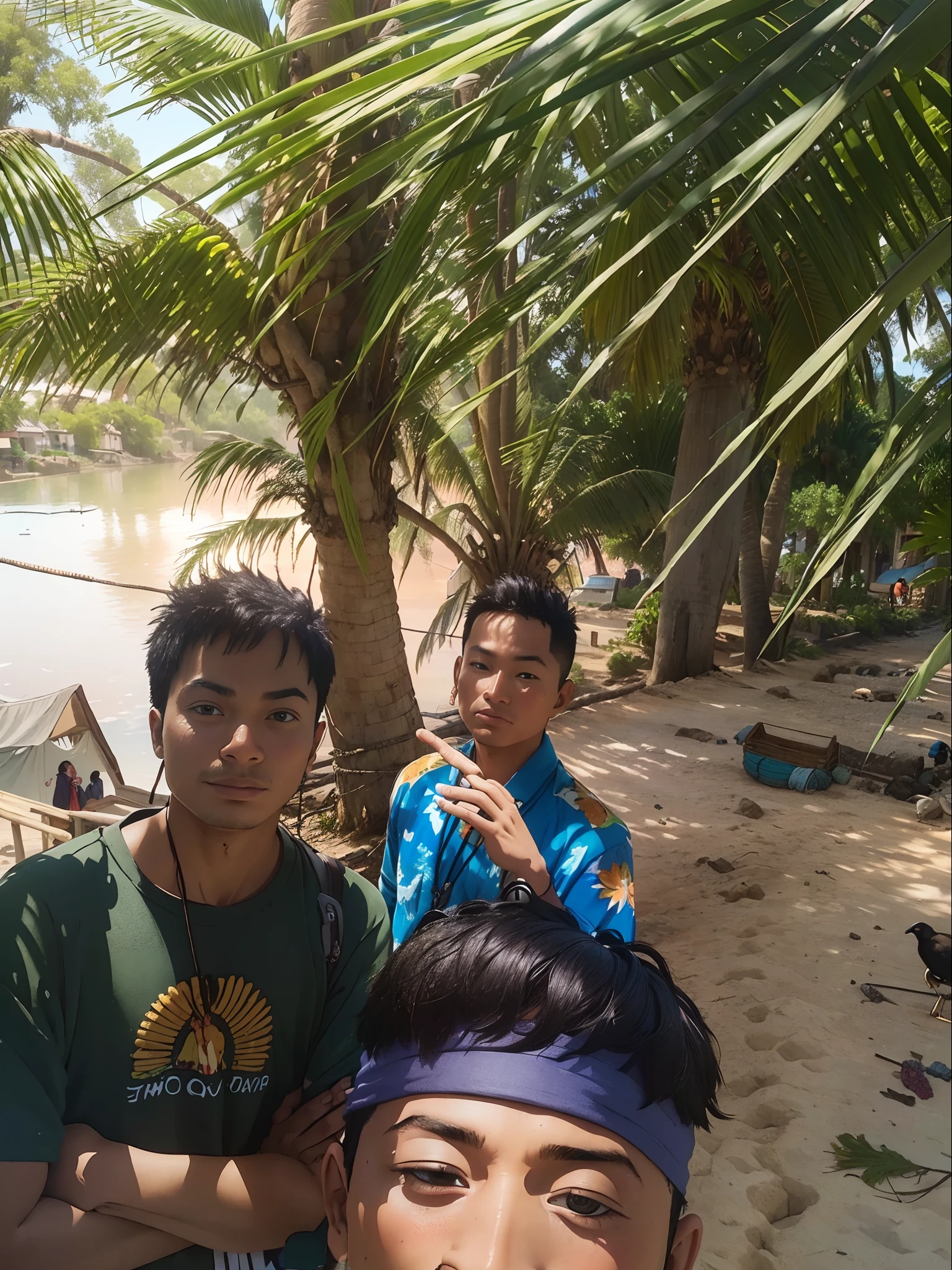 there are three men standing next to each other near a palm tree, with village, very very low quality picture, Young picture, a picture, selfie photo, help me, with great birds, palm trees in the background, posing for a picture, with a figure in the background, during sunset, very accurate photo, in a village, selfie, fish in the background