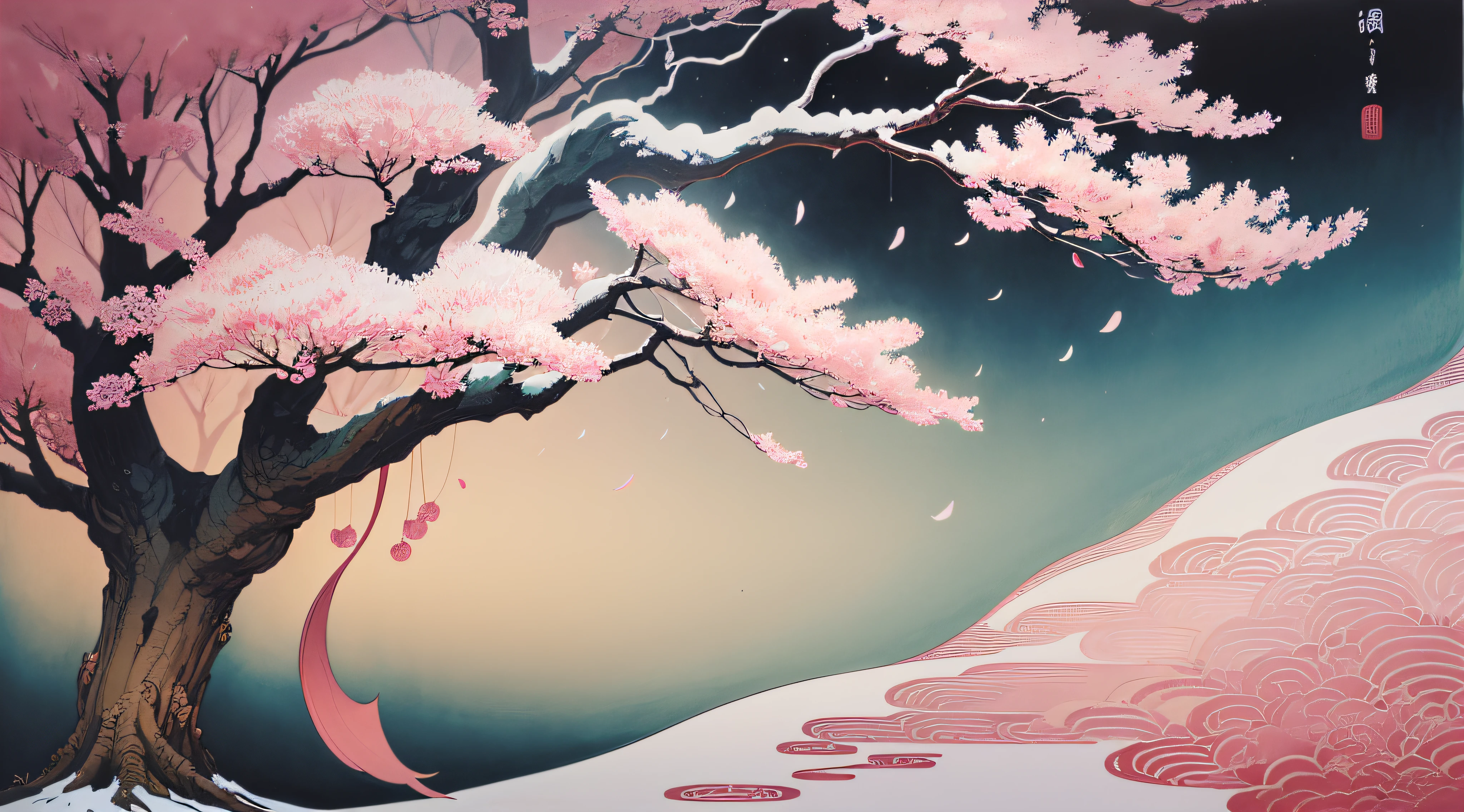 ukiyoe painting、ink and watercolor painting、​masterpiece、top-quality、An ultra-high picture quality、4K picture quality、super precision、snowscape、cherry blossom in full bloom、large tree、beautiful gradients
