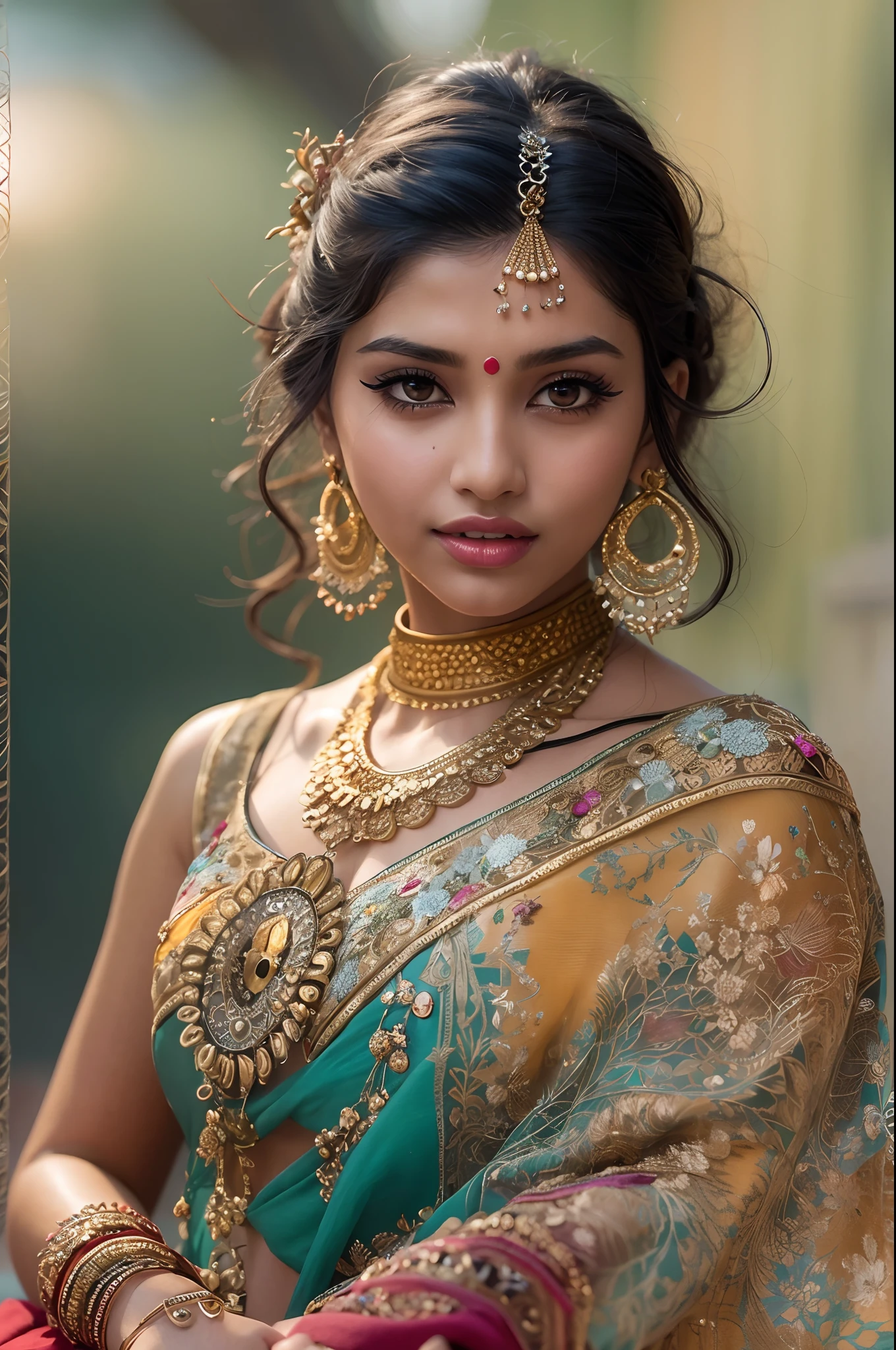 A woman in a sari poses for a photo, indian goddess, Traditional beauty, Indian, Beautiful goddess, Gorgeous Role Play, indian style, indian super model, beautiful teenage girl, Gorgeous woman, south east asian with long, provocative indian, gorgeous beautiful woman, intricate outfits, hindu aesthetic, Beautiful Asian girl, extremely detailed goddess shot, Jaw-dropping beauty, Big boobs, deep cleavage, sexy navel