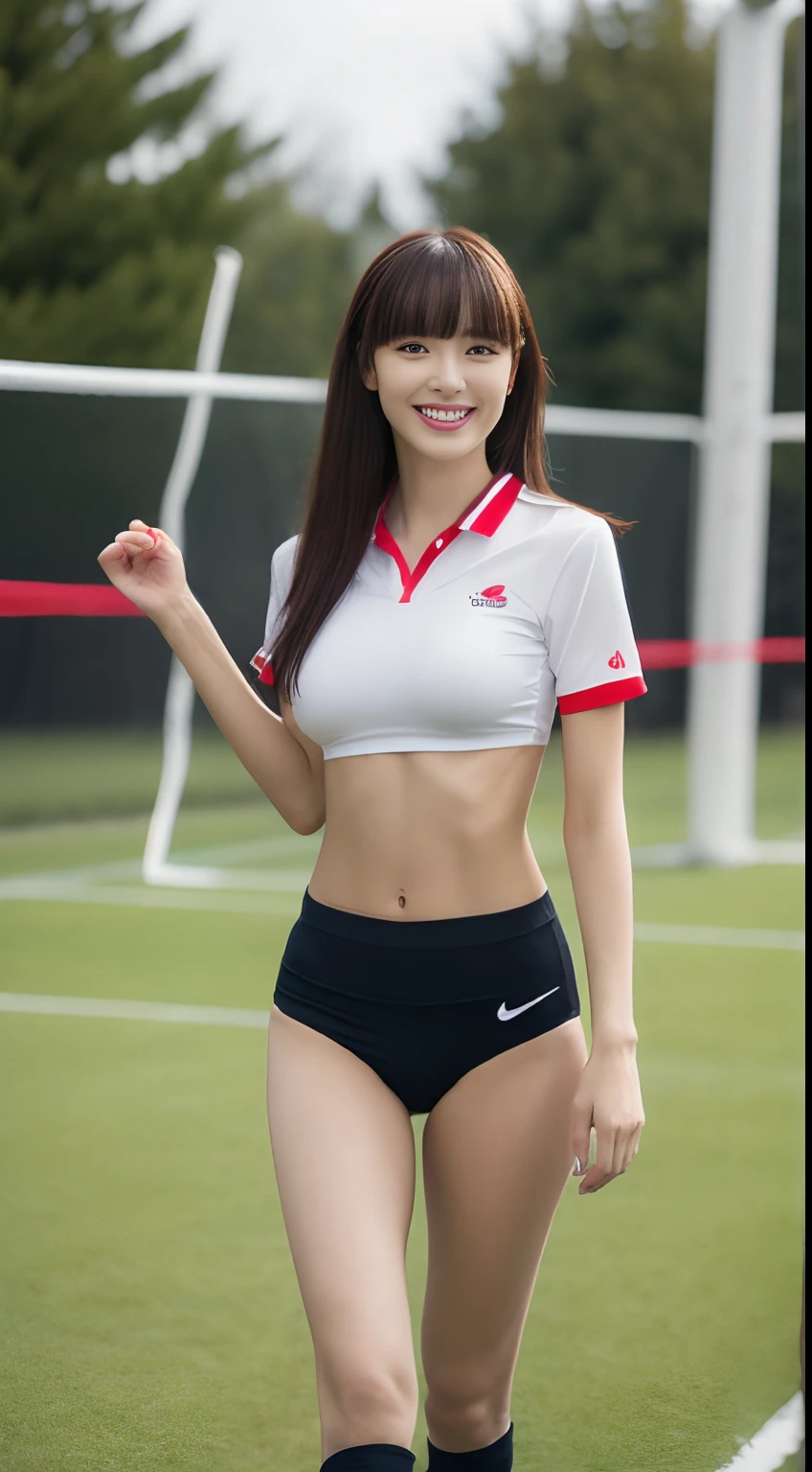 (top-quality、超A high resolution、​masterpiece:1.3)、A tall and pretty woman、longeyelashes, Long hair with bangs, longeyelashes, Parted lips, surrealism, drop shadow, anaglyph, Verism, depth of fields, Backlighting, Expose F/1.2, Super Detail, ccurate, Best Quality, nffsw, masutepiece, A detailed eye, Textured skin, wetted skin, Best Quality, in 8K, blurry backround, ((big breasts thin waist, skinny thigh:1.1, long legged)), (Colossal tits), Natural Color Lip, ssmile, Young woman in perfect style, sport uniform, Land Track, Volleyball player, Practice scene, Sports pants