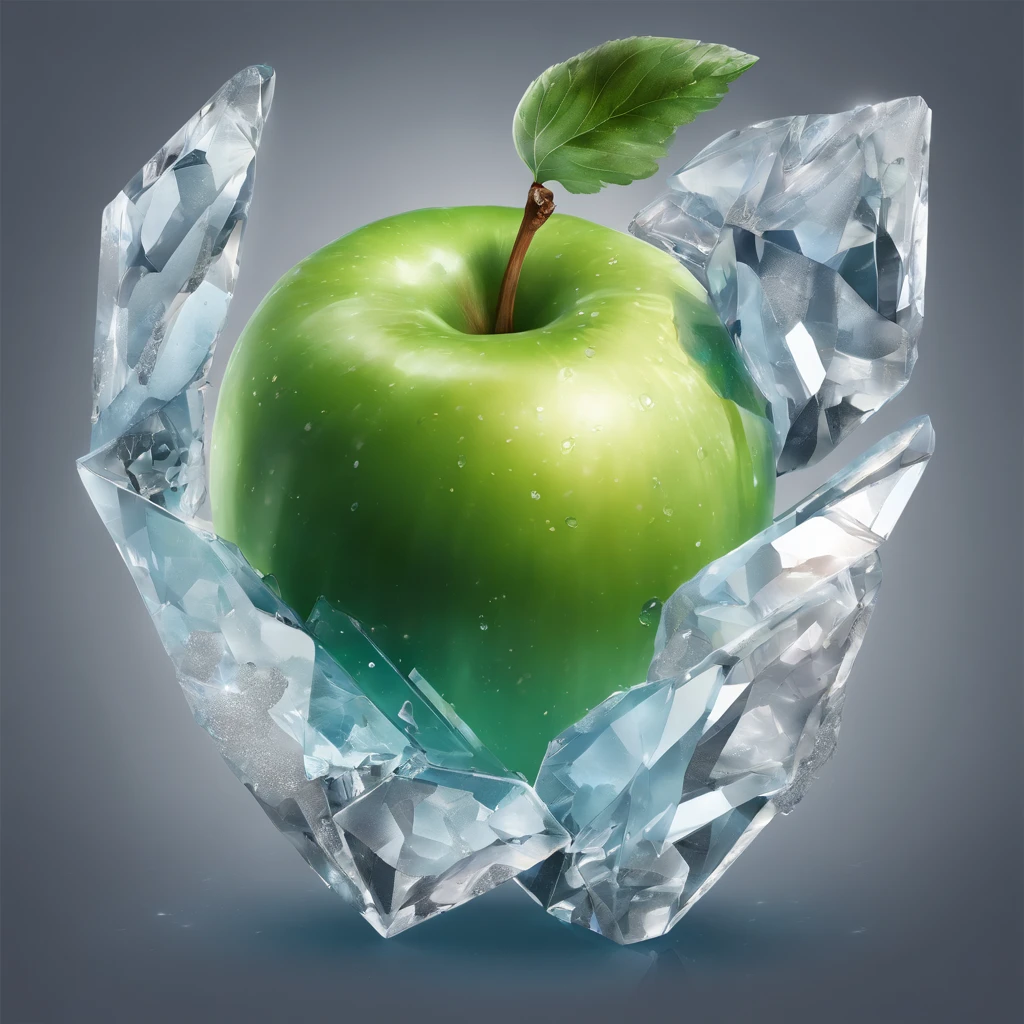 Fragments,Half an apple crystal,Crystallized,half-broken apple,Broken Crystal,(Artstation),(Epic), (epic detail),(Masterpiece), (Best Quality), (Photorealistic), (ultra-high detail), (ultra-high detail)