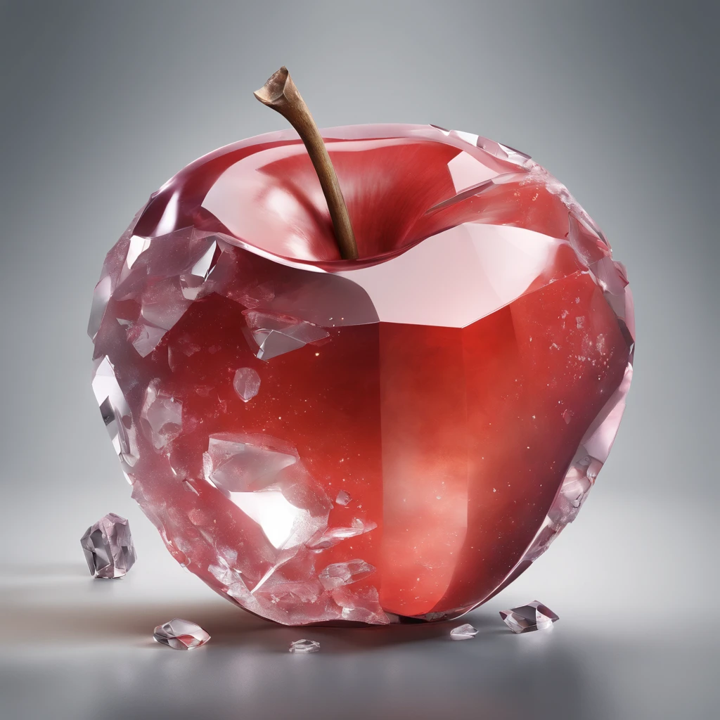 Fragments,Half an apple crystal,Crystallized,half-broken apple,Broken Crystal,(Artstation),(Epic), (epic detail),(Masterpiece), (Best Quality), (Photorealistic), (ultra-high detail), (ultra-high detail)