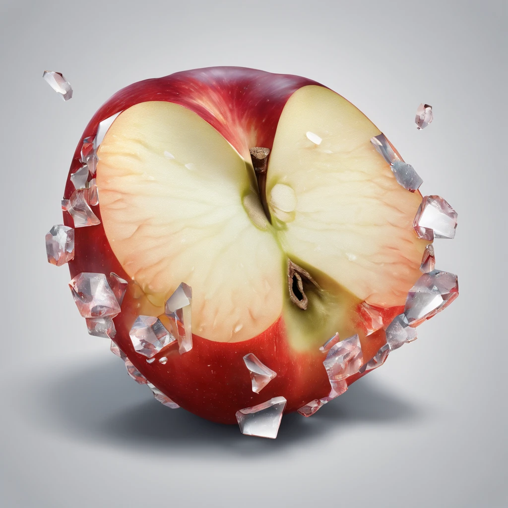 Fragments,Half an apple crystal,Crystallized,half-broken apple,Broken Crystal,(Artstation),(Epic), (epic detail),(Masterpiece), (Best Quality), (Photorealistic), (ultra-high detail), (ultra-high detail)