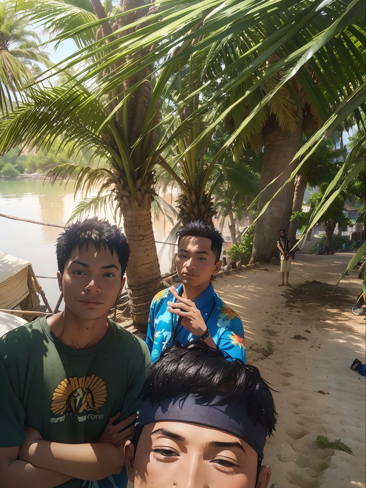there are three men standing next to each other near a palm tree, with village, very very low quality picture, Young picture, a picture, selfie photo, help me, with great birds, palm trees in the background, posing for a picture, with a figure in the background, during sunset, very accurate photo, in a village, selfie, fish in the background