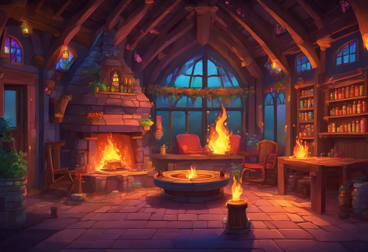 fantasy tavern interior, space tavern, rustic, artifacts on the walls, showcase artifacts, tavern patrons, dark tavern, space outside windows, space theme, ((silvery space flora, space flora)), space background, night time outside, (((((fireplace(iridescent fire, rainbow fire))))))