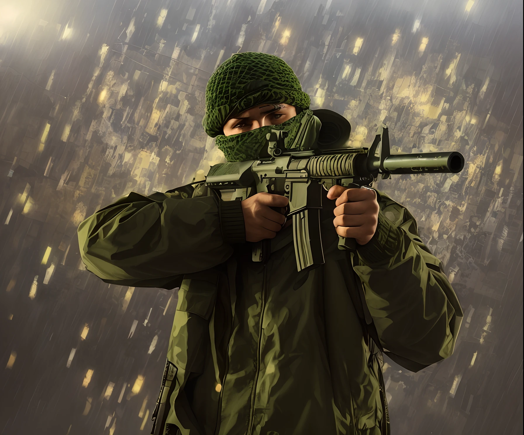 arafed man in a green hat holding a gun in the rain, wielding assault rifle, airsoft cqb, airsoft close quarter combat, dramatic action photography, a soldier aiming a gun, man is carrying a rifle, 3rd person shooter, dramatic wielding gun pose, military photography, urban warfare, fps shooter game, military weaponry, airsoft gun, first person shooter, tangier city background, Moroccan, Muslim