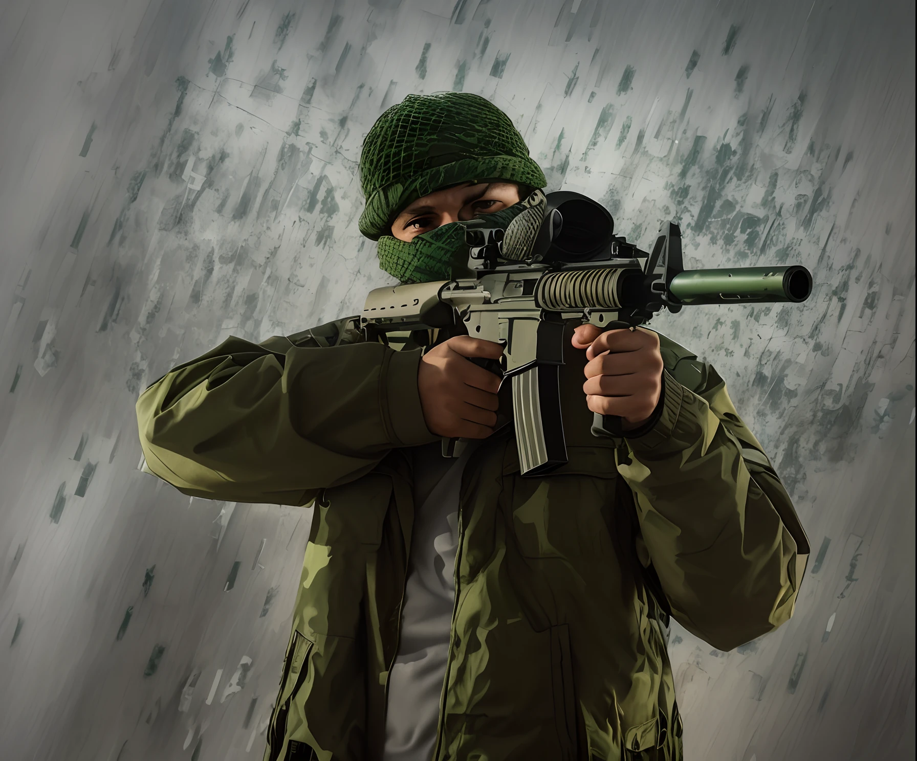 arafed man in a green hat holding a gun in the rain, wielding assault rifle, airsoft cqb, airsoft close quarter combat, dramatic action photography, a soldier aiming a gun, man is carrying a rifle, 3rd person shooter, dramatic wielding gun pose, military photography, urban warfare, fps shooter game, military weaponry, airsoft gun, first person shooter, tangier city background, Moroccan, Muslim