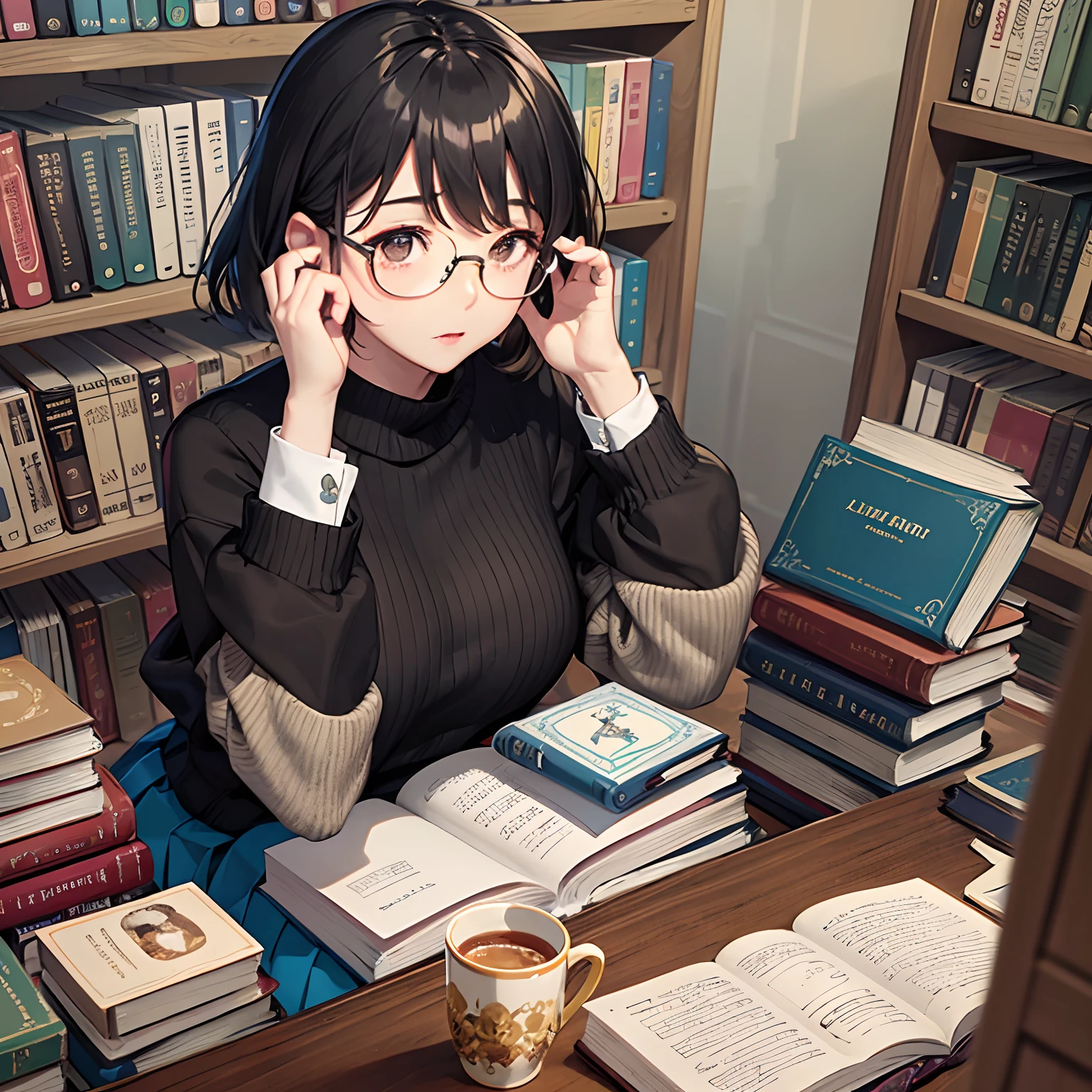 masterpiece、top-quality、High-quality images、hight resolution、8K、1lady、Photorealsitic、detaileds、Detailed eye depiction、skin gloss、Lustrous hair、((Black short-haired、More disheveled hair、I'm wearing round glasses、Emotional manifestation:1.3))、Narrow old room、many bookshelves、Books piled on the floor、Pile of used books、Its name is Monaca Kashino、obedient character、Not very confident、real face、care、Good posture、 full body Esbian、From above、 、((atlibrary、librarian、Lending Business、Put the book back on the shelf、long skirt、Sweaters:1.3))Monacachan、I'm worried about the camera. Quite a bit、I feel like you don't want to look at the camera.、I'll do one more thing.、sada、You'll have a book、Turn your feelings to the pages of the book、Your eyes are designed to see what bothers you.、asa、Don't try not to look at the camera、Think of a book about someone who likes Monacachan.、