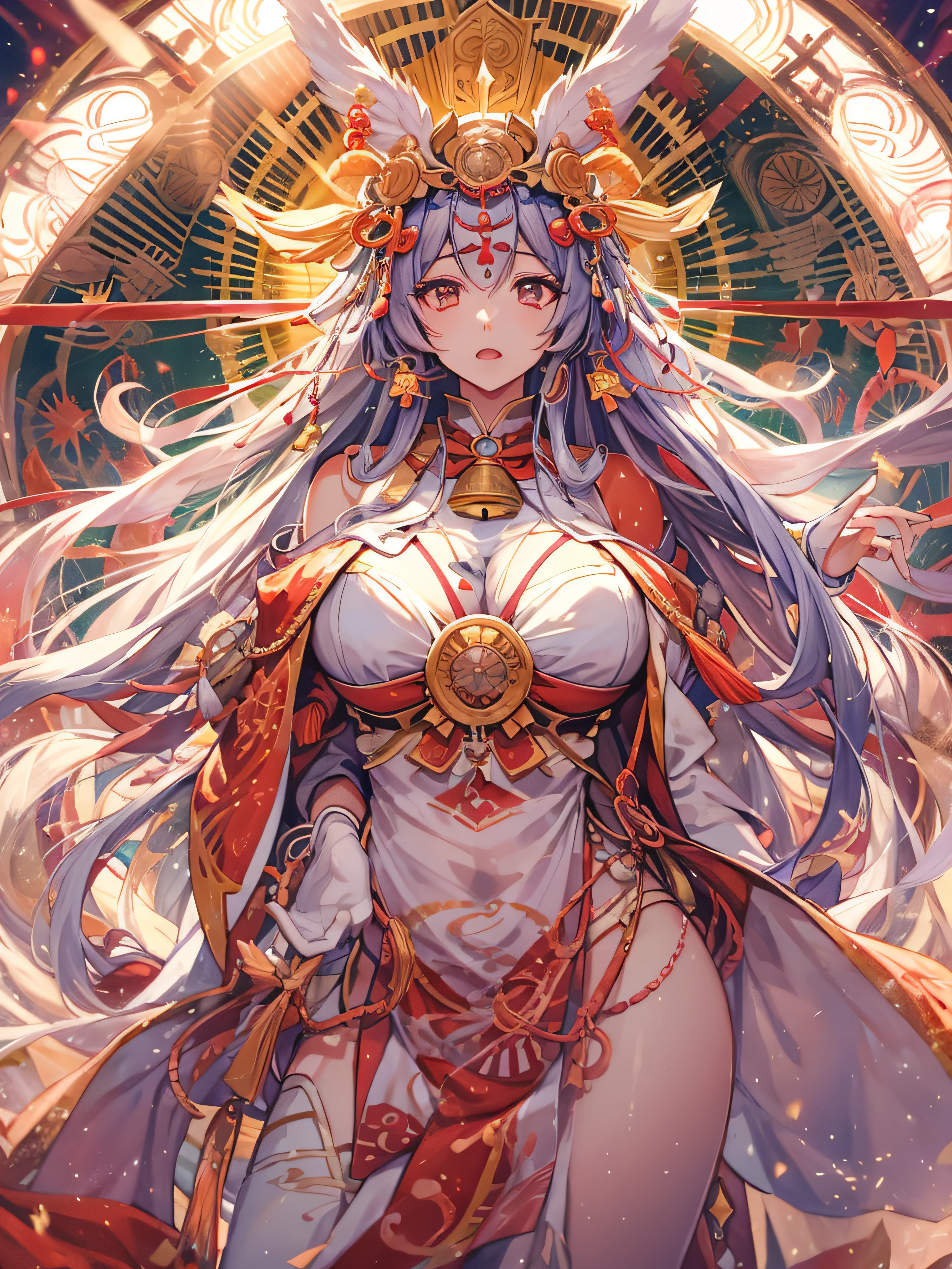 masutepiece, Best Quality,Unity 8k壁纸, ultra-detailliert, Beautiful and aesthetic, Beautiful, Official art, Amaterasu Priestess, SanDisk, Solar Flare Spell, Blessing of the Sun Goddess, divine intervention,Colossal tits、full body Esbian、A bell hangs on his chest huge udder High exposure