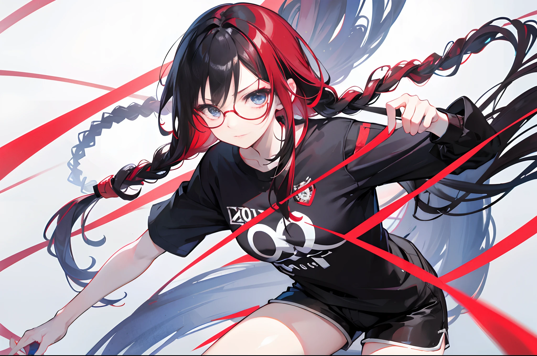 Pretty long red black hair., Red Highlights, Bright blue eyes.,detailed face,Shy Expression,18 year old girl,black shirt, white shorts,Left Braid,eyeglasses,Smiley face
