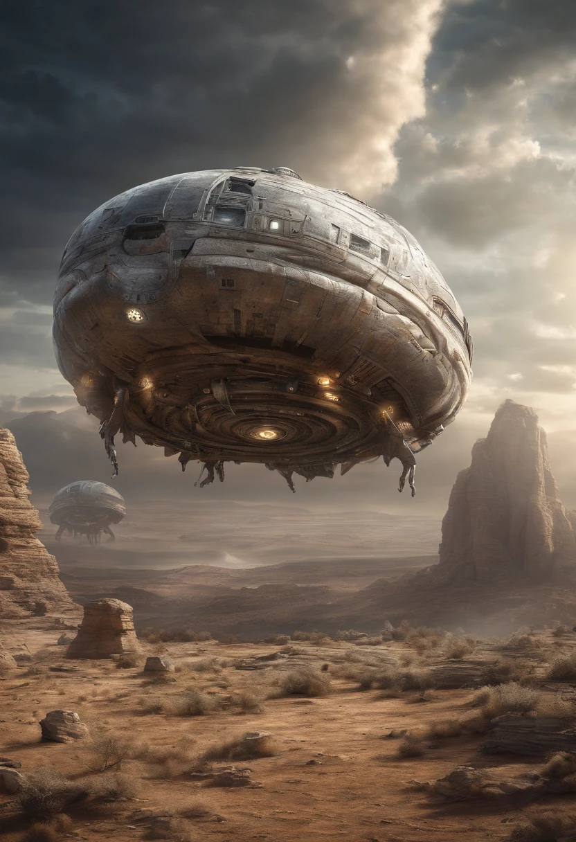 alien spacecraft came out from a portal to the stone age human era