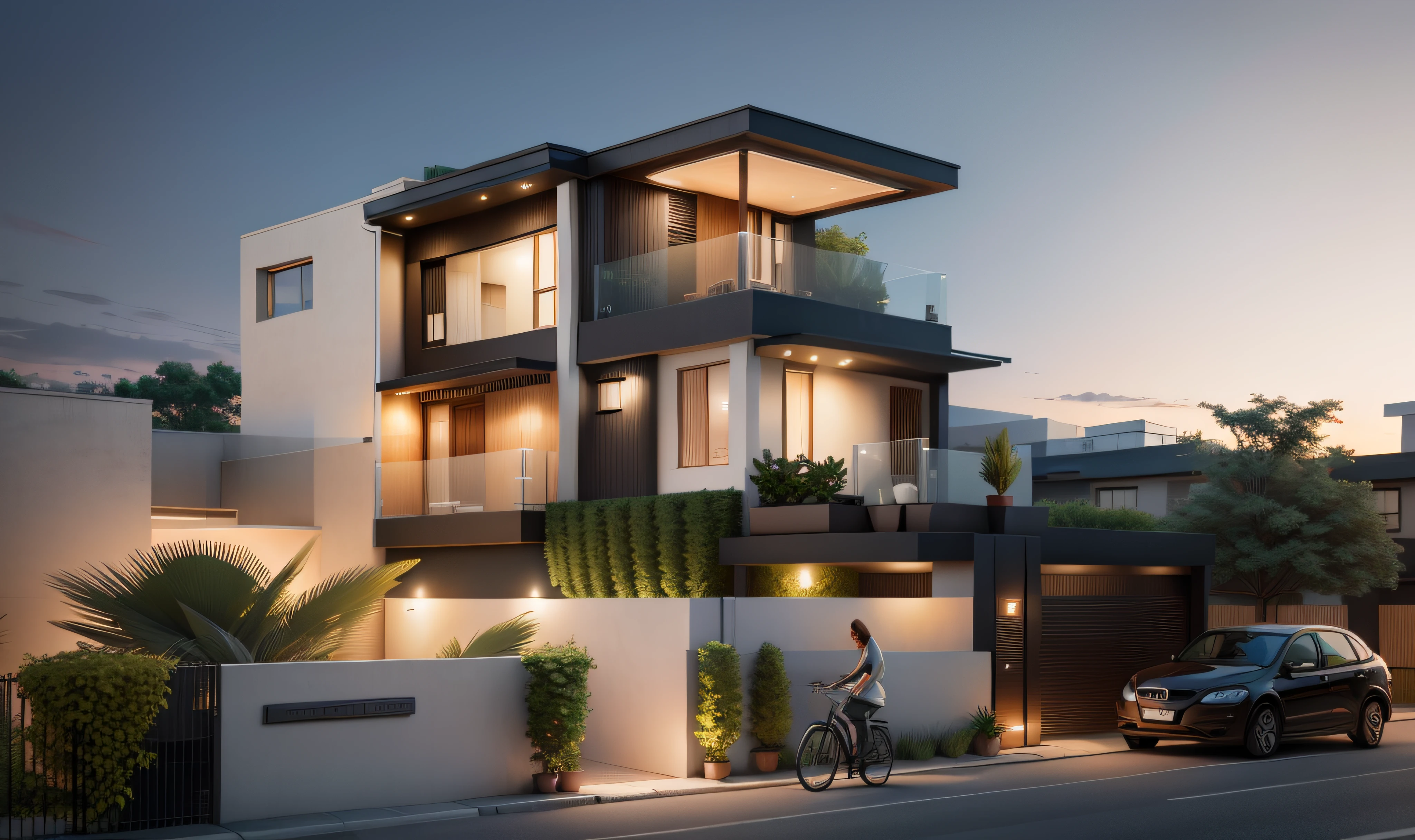 Exterior, morden house, sunset,( best quality) ((high solution)) ,(( photo realistic)) ,warm light, (sharp focus) front view of townhouse in style of modern,small house,