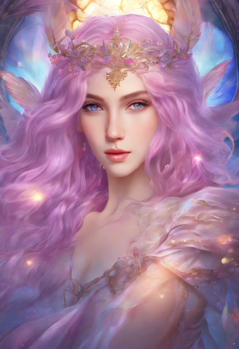 RAW photograph, photorealistic pic of a  girl, golden skin, pink hair, long hair, scattered, hair blown up by the wind, ((lilac eyes)), perfect face, highly detailed facial features, deep eyes, smile, pink angel wings, angel, iridescent blue feather skirt, fishnet stockings, sliver heels, high-grade lighting, exquisite picture, exquisite eyes, best shadow, best picture quality, best light, rich details, atmosphere, high resolution, masterpiece, stained glass background, Head Tilt, Rich Detail, Fine Background, erotic pose, gothic