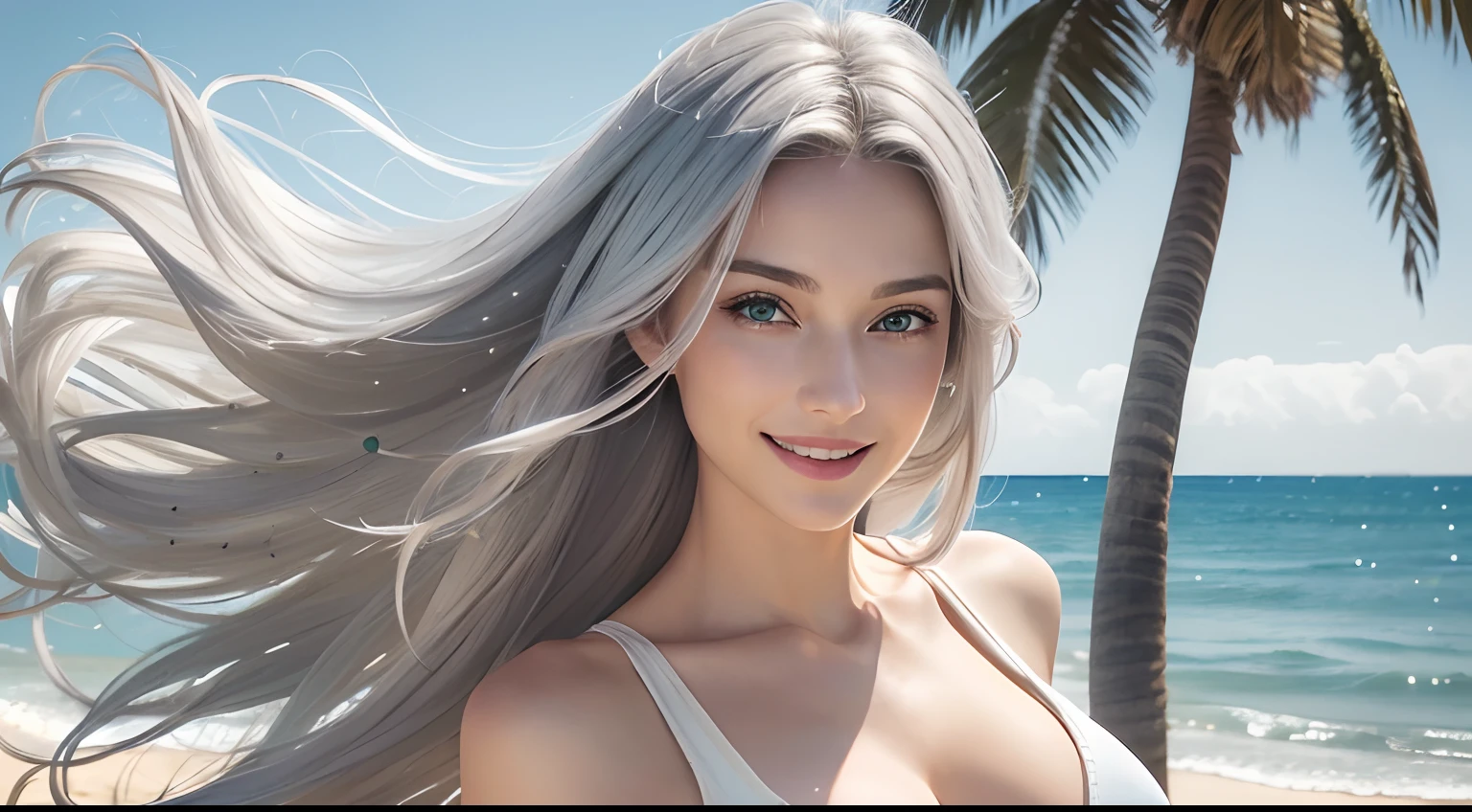 (Masterpiece, Best Quality, Photorealistic, high resolucion, photography, :1.3), (Woman in her 40s, )Close-up shots of faces, Close-up shots of faces, Close-up shots of faces, Sharp focus, (1 Girl, A European girl, Popular models), Realistic skin, Slender body type, Big breasts, (Her long, Pure white silver hair swept to the side, extremely detailed hair), Delicate sexy face, Organoleptic gases, Sparkling lips,(green pupil),(green pupil),(green pupil), ((realisitic, A hyper-realistic, realism, realistic detailed)), (Medium Tits:1.5), (White tank top T-shirt and ripped jean shorts), (A slender waist), (slim thigh), (Small hips), (Sorrisos), (seaside, waves, palm tree) (seaside, waves, palm tree), (Long straight hair), A woman is standing, (Sorrisos), (Sorrisos)