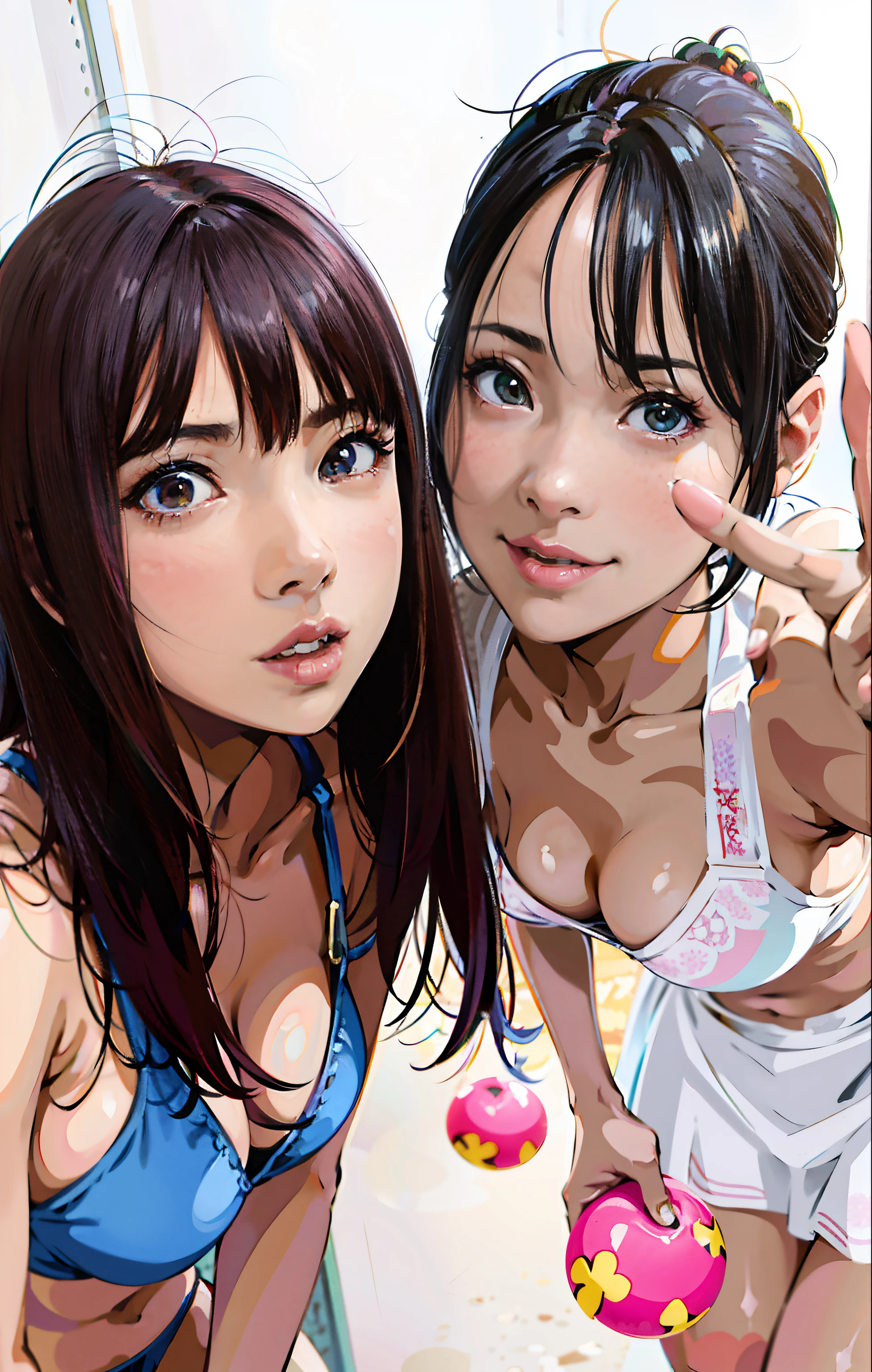 Two asian women taking pictures with pink objects, ayami kojima and lyde caldwell, sakimichan, 4 k ], 4K], Post in 4K, 4k Racepost, yoshitomo nara and aya takano, 🚿🗝📝, Young Gravure Idol, shikamimi, sakimichan, 165 cm tall