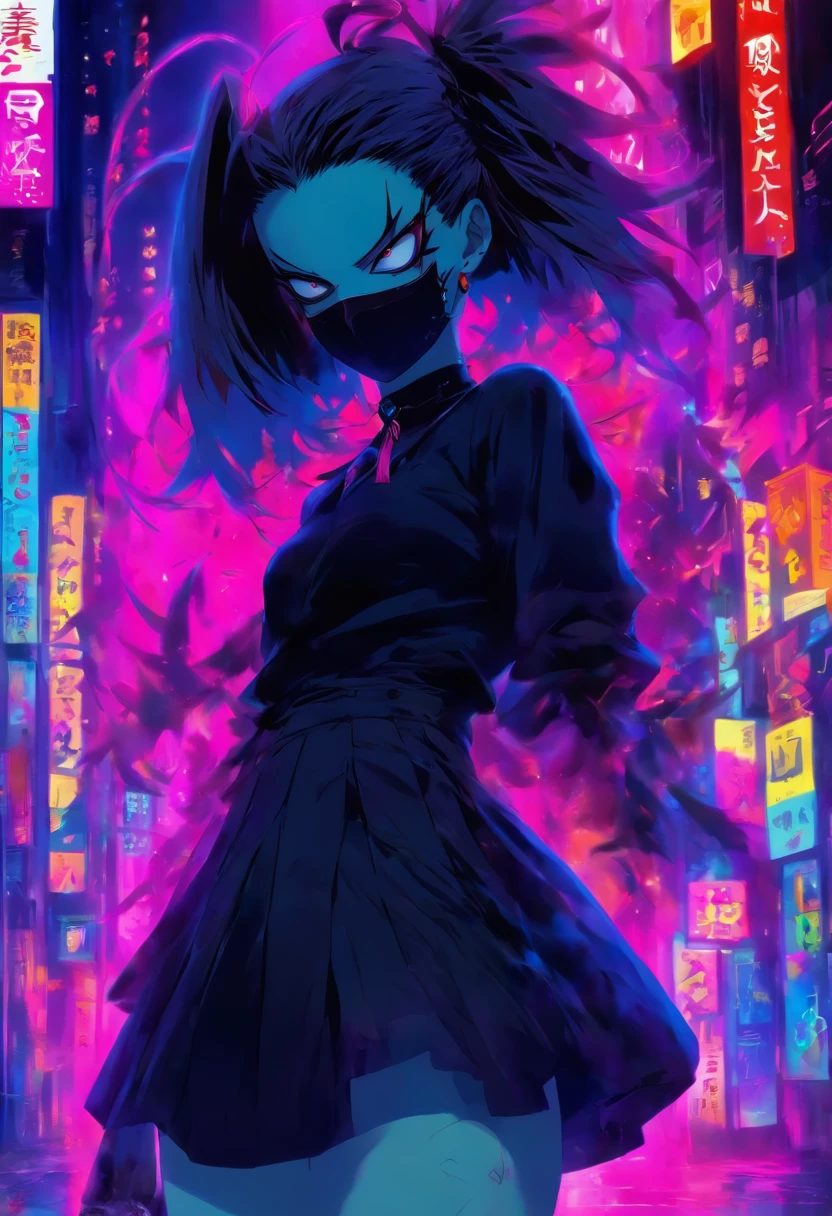 a 20 year old goth masked humanoid with a very tall and thick build with saggy tits that have pierced nipples who wears a dress shirt and goes commando under a skirt, they have boyish hair and a cockney accent - they're commonly described as being a weeb and a prostitute