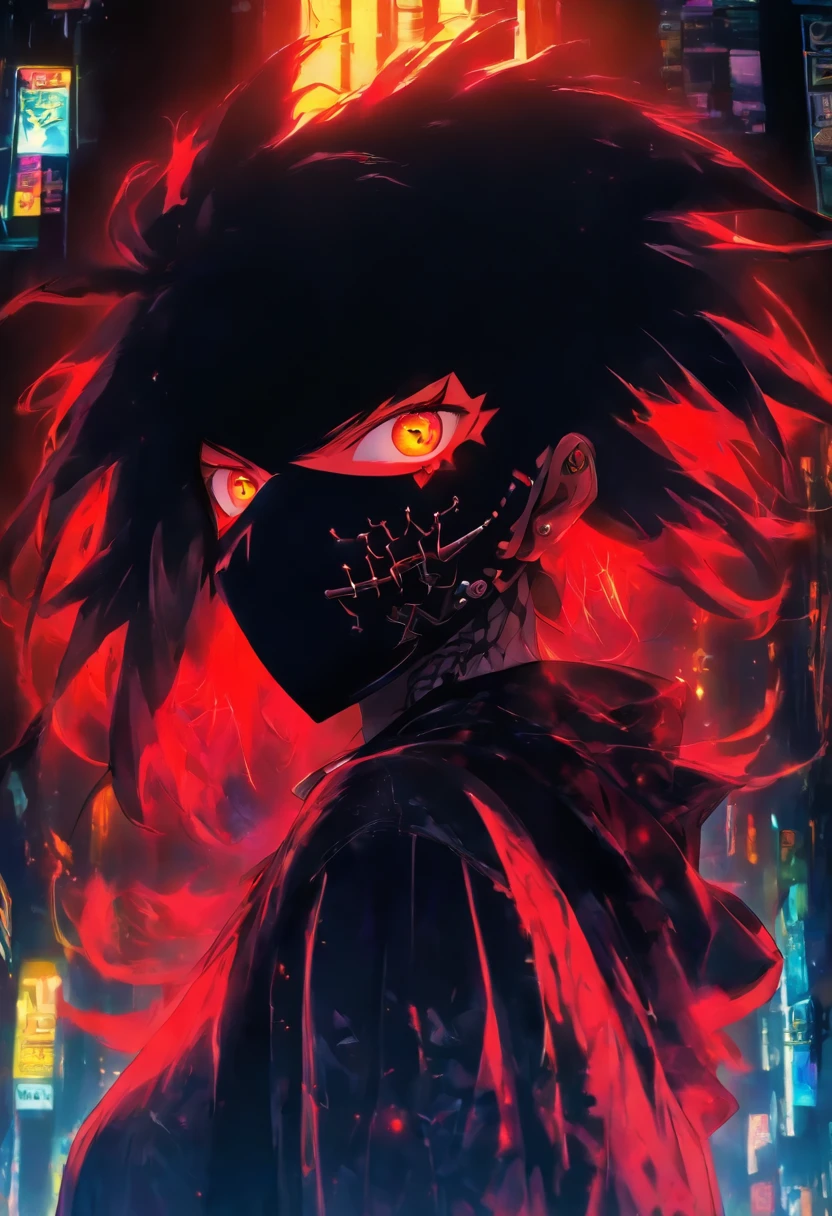 a 20 year old goth masked humanoid with a very tall and thick build with saggy tits that have pierced nipples who wears a dress shirt and goes commando under a skirt, they have boyish hair and a cockney accent - they're commonly described as being a weeb and a prostitute