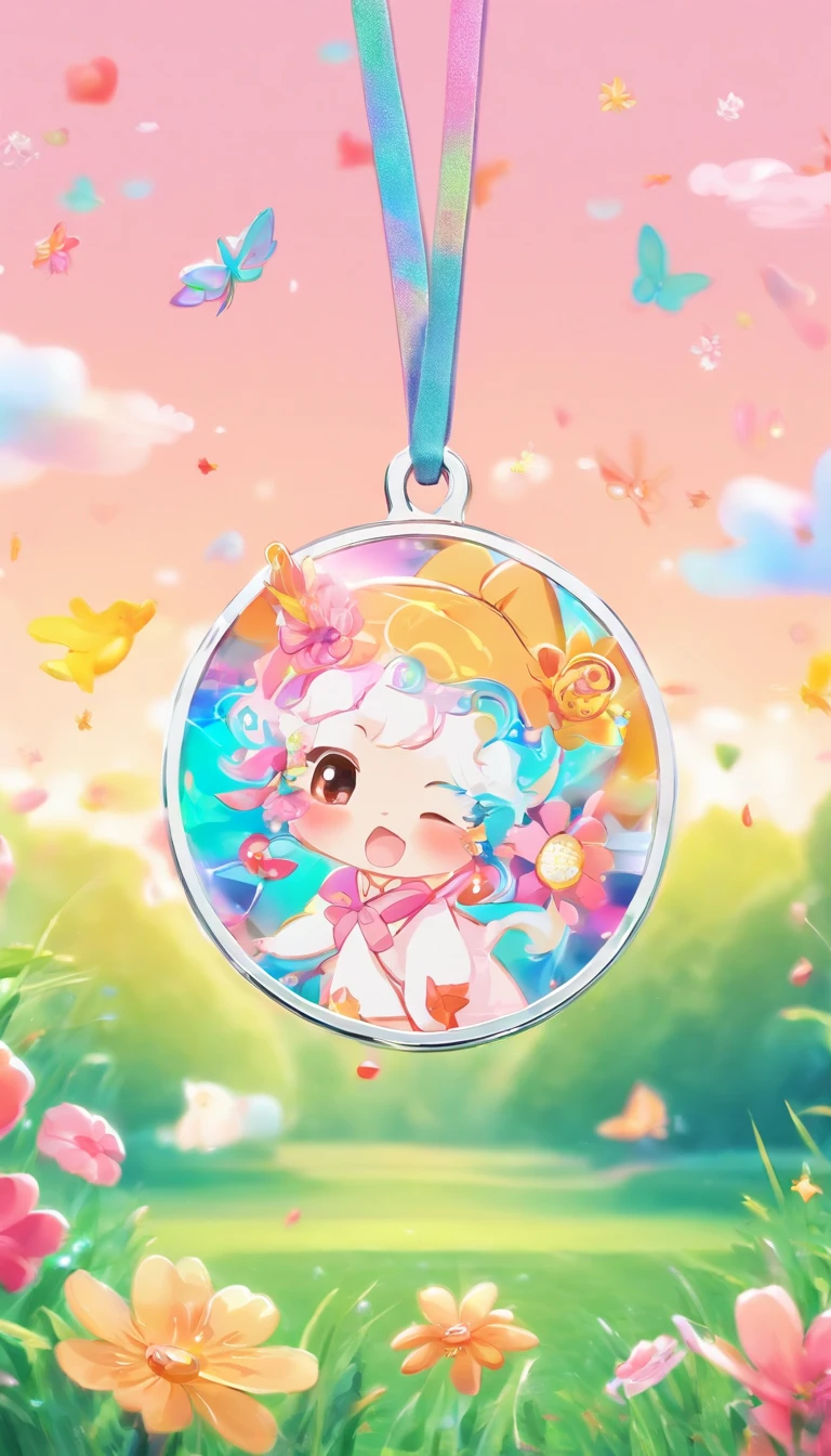 Glass round medal。 Acrylic material。Place vertically on the grass in the middle of the stadium on the runway。Athletics field。Sense of space