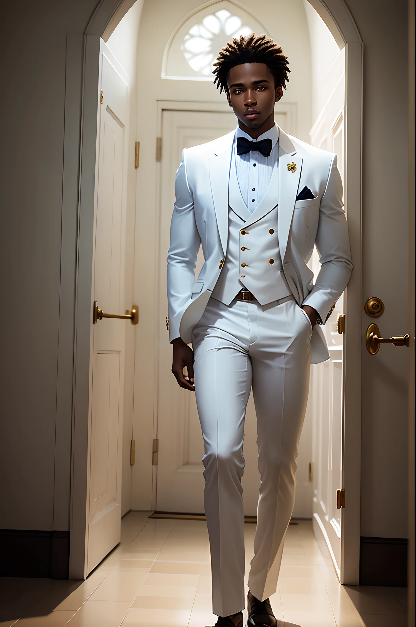 Young black man dressed in a white suit standing in front of the stairs of a white chapel . Photo realistic portrait cinematic sun blue sky
