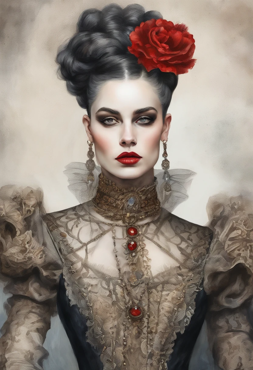 a Late Baroque, rococo regel 2d waterpaint oil painting fearful intimadating savage traditional fullbody queen female shaved skinpunk goth, emo goth spikey fashion shoot editorial style, Hypebeast ultra fast fashion with goth emo accessories
