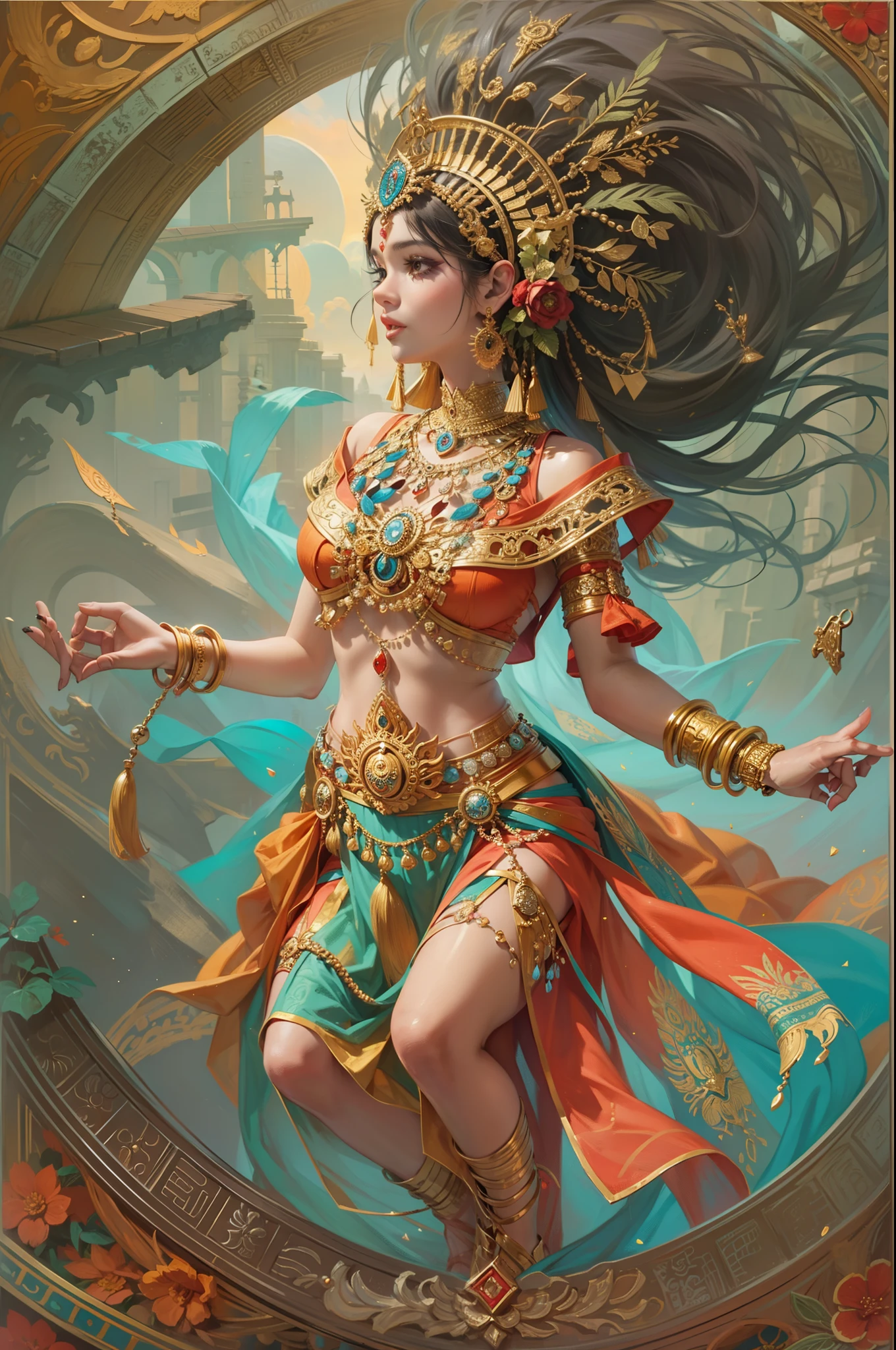 Beautiful woman in crazy complex Hindu goddess costume