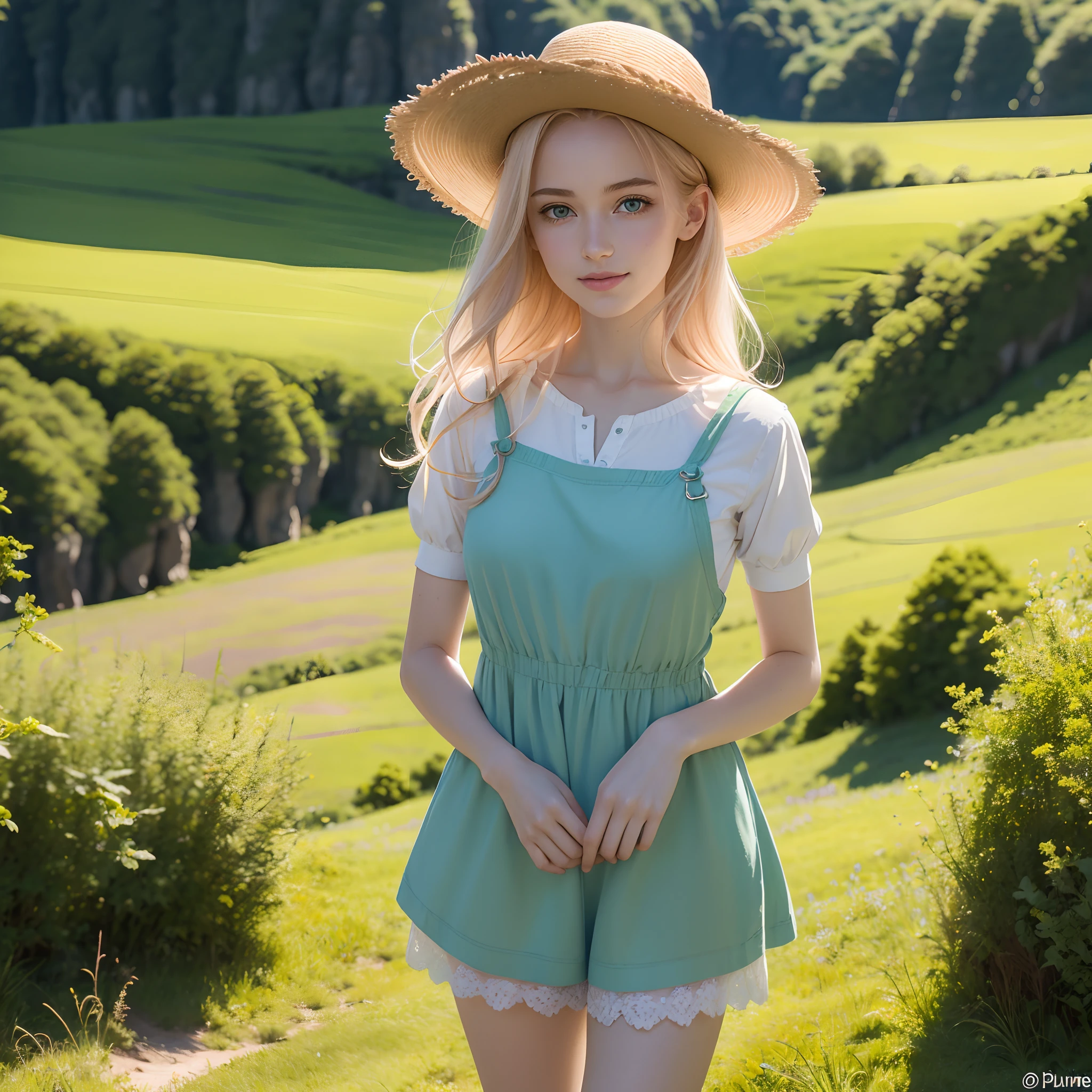 magnifique jeune fille, seulement, 20 ans, mince, corps parfait, cheveux roux orange, Rousseur, very pale skin, Emerald green eyes, petits seins, jambes fines, ultra realist, UHD, in the countryside, dans l'herbe, (en chemise fleurie:1.5), (Jupe bleue pastel:1.5), chapeau de paille large, souriante, hanches minces, Very detailed background, Entangled details