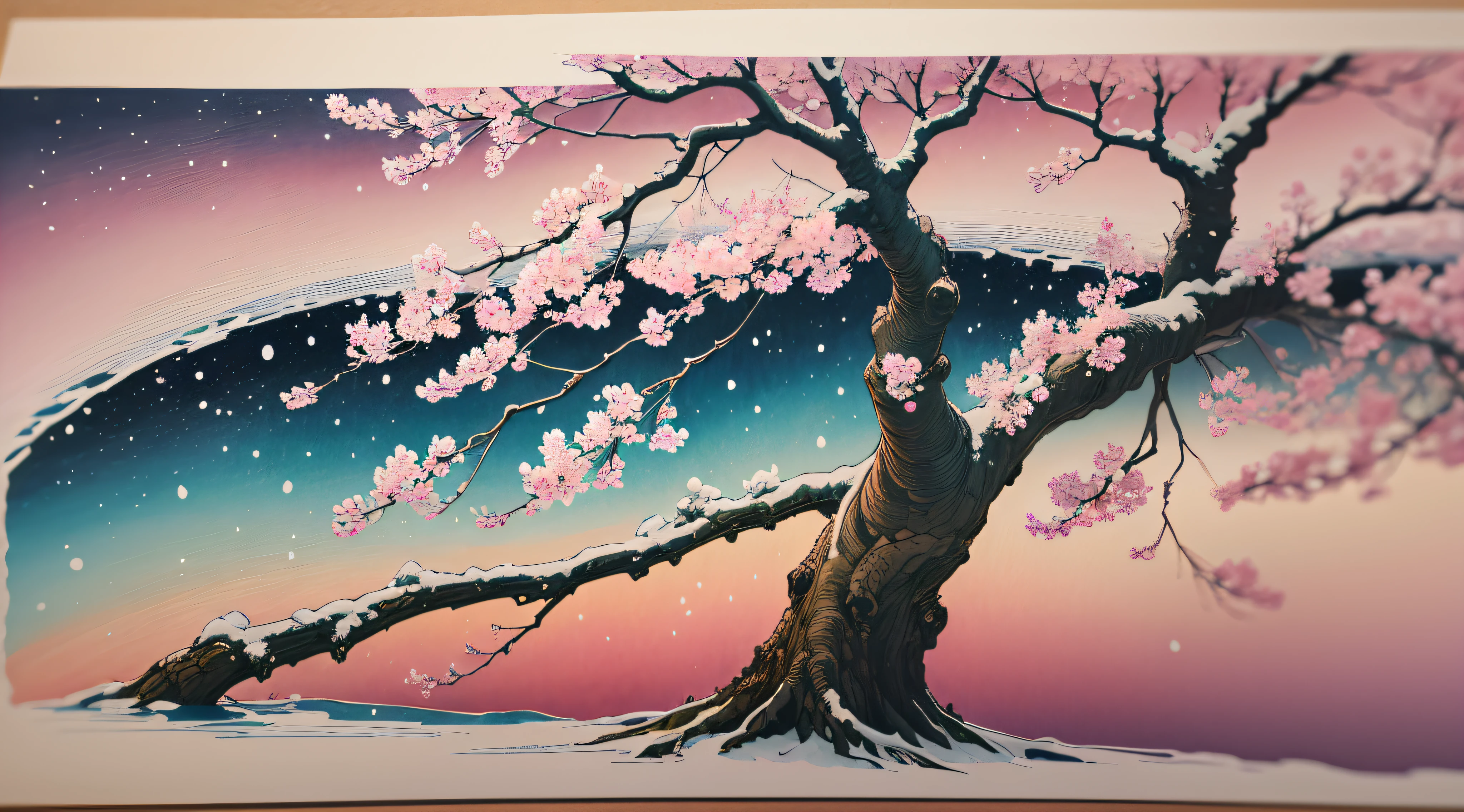 ukiyoe painting、ink and watercolor painting、masterpiece、top-quality、An ultra-high picture quality、4K picture quality、super precision、snowscape、cherry blossom in full bloom、large tree、beautiful gradients