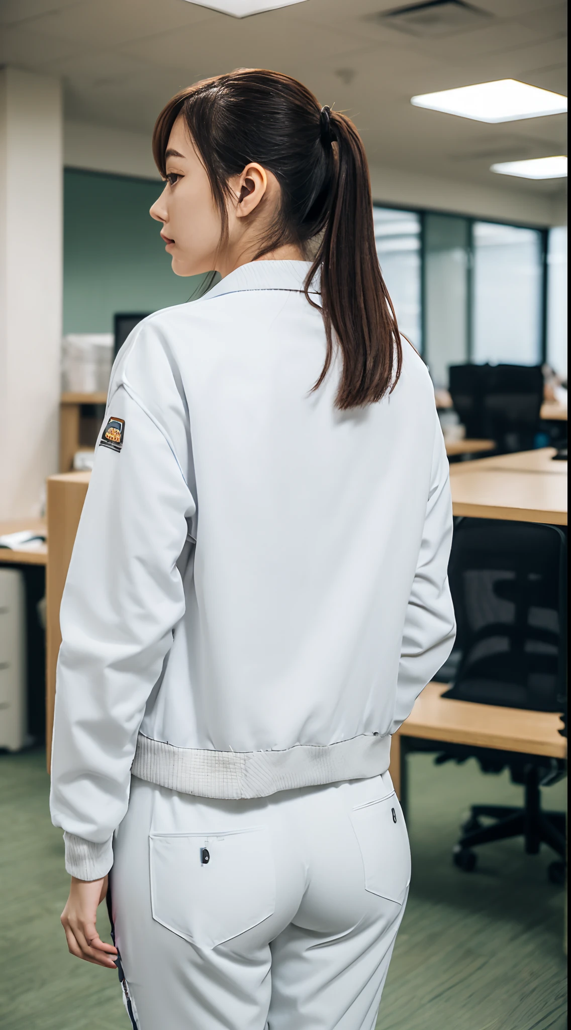 masutepiece, Best Quality, 超A high resolution,(photographrealistic:1.4) (depth of fields),(Lens Glow) , jaket:1.5、Inside the office:1.5、a Pretty Japanese woman1a person:1.5、(Workwear Pants:1.5)、turned around、(White workwear:1.5)、posterior view:1.3、Shy smile、