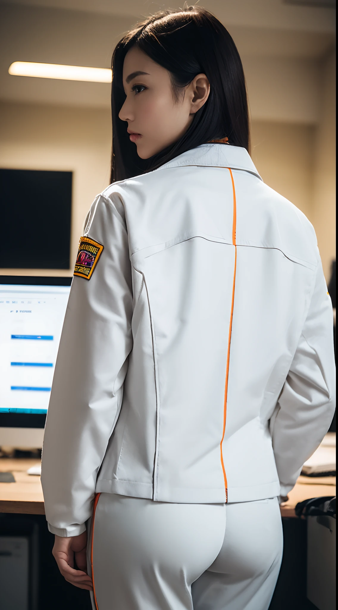 masutepiece, Best Quality, 超A high resolution,(photographrealistic:1.4) (depth of fields),(Lens Glow) , jaket:1.5、Inside the office:1.5、a Pretty Japanese woman１a person:1.5、(Workwear Pants:1.5)、Facing backwards、(White workwear:1.5)、facing back、