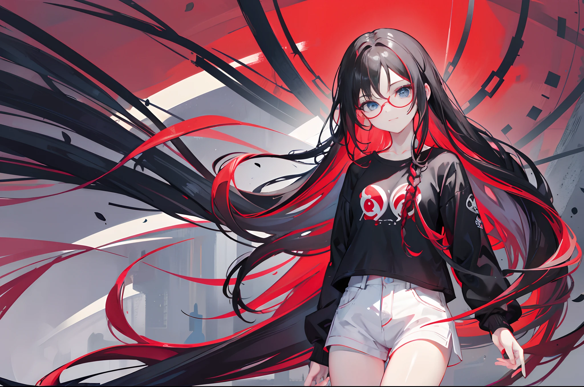 Pretty long red black hair., Red Highlights, Bright blue eyes.,detailed face,Shy Expression,18 year old girl,black shirt, white shorts,Left Braid,eyeglasses,Smiley face