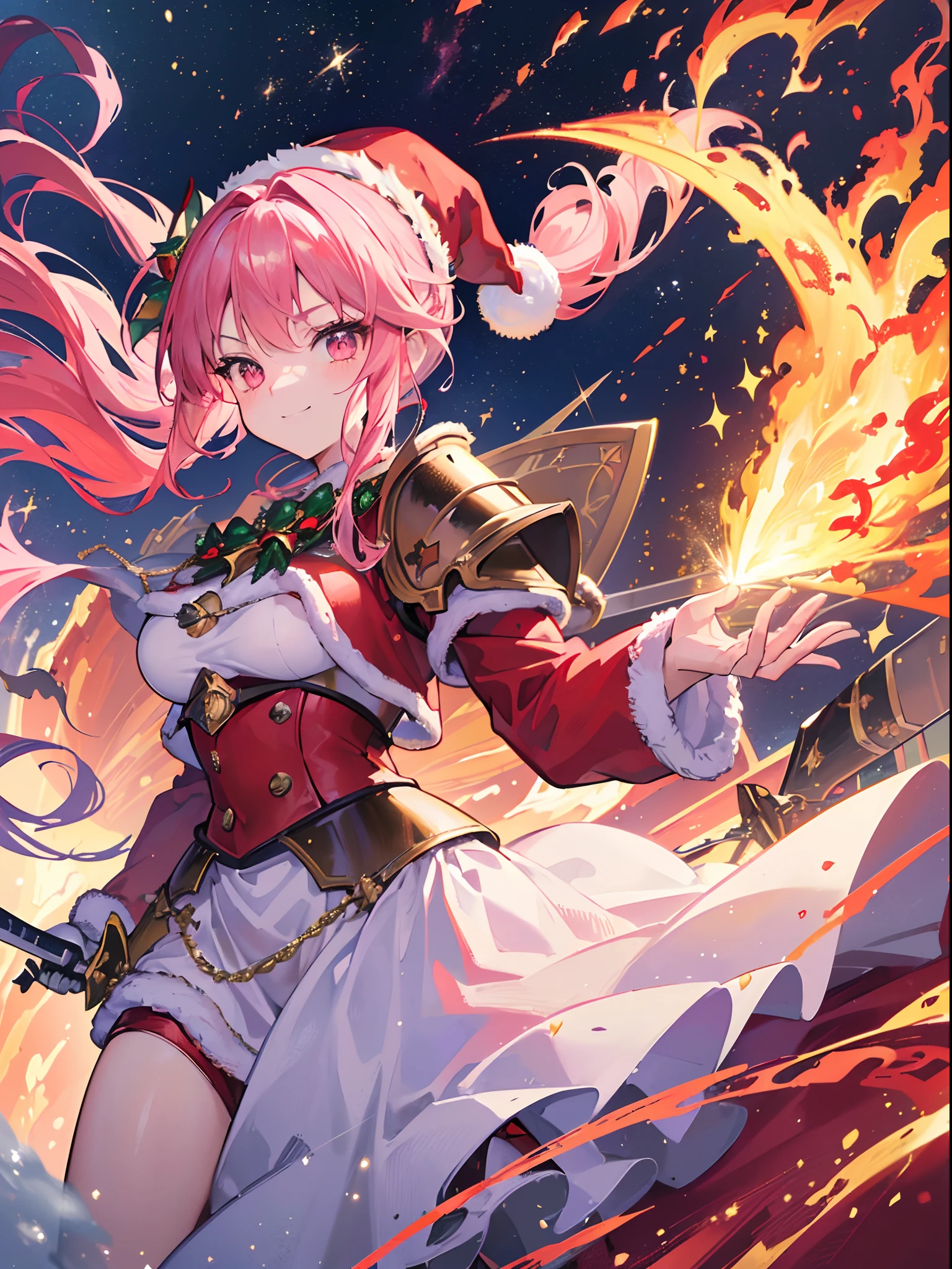 (Best Quality, masterpiece:1.3), Illustrations, Anime, Very high resolution, large filesize, full color, Beautiful detailed glow, Front light, 1girl, Solo, Christmas, (santa hat), ((Santa costume|Knight armor:1.3)), (gigantic swords:1.2), Christmas Decorations, Smiling, pink hair, Side ponytail, pink eyes, dragon wing, Dynamic Angle, (Fire effects:1.4), Fighting,