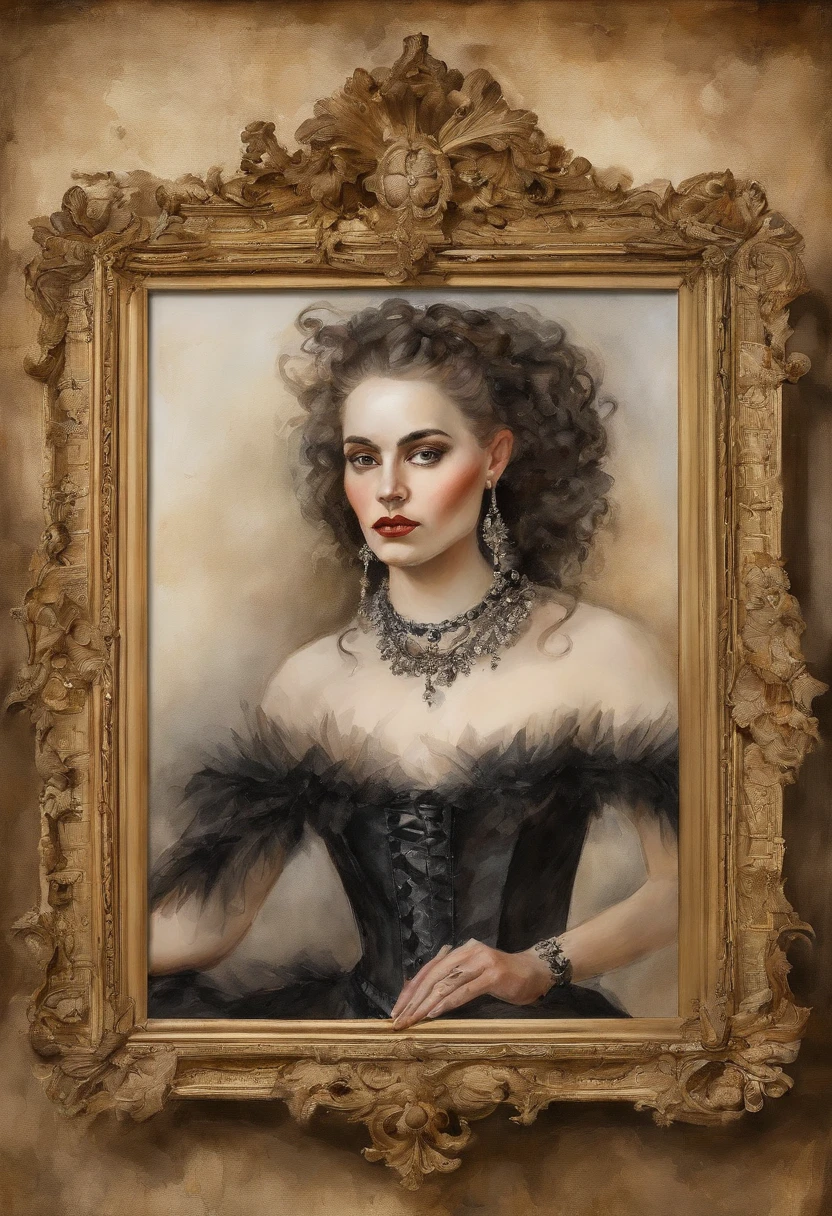 a Late Baroque, rococo regel 2d waterpaint oil painting  fearful intimadating savage traditional fullbody  queen female shaved skinpunk goth, emo goth spikey fashion shoot editorial style, Hypebeast ultra fast fashion  with goth emo accessories inside a golden picture frame