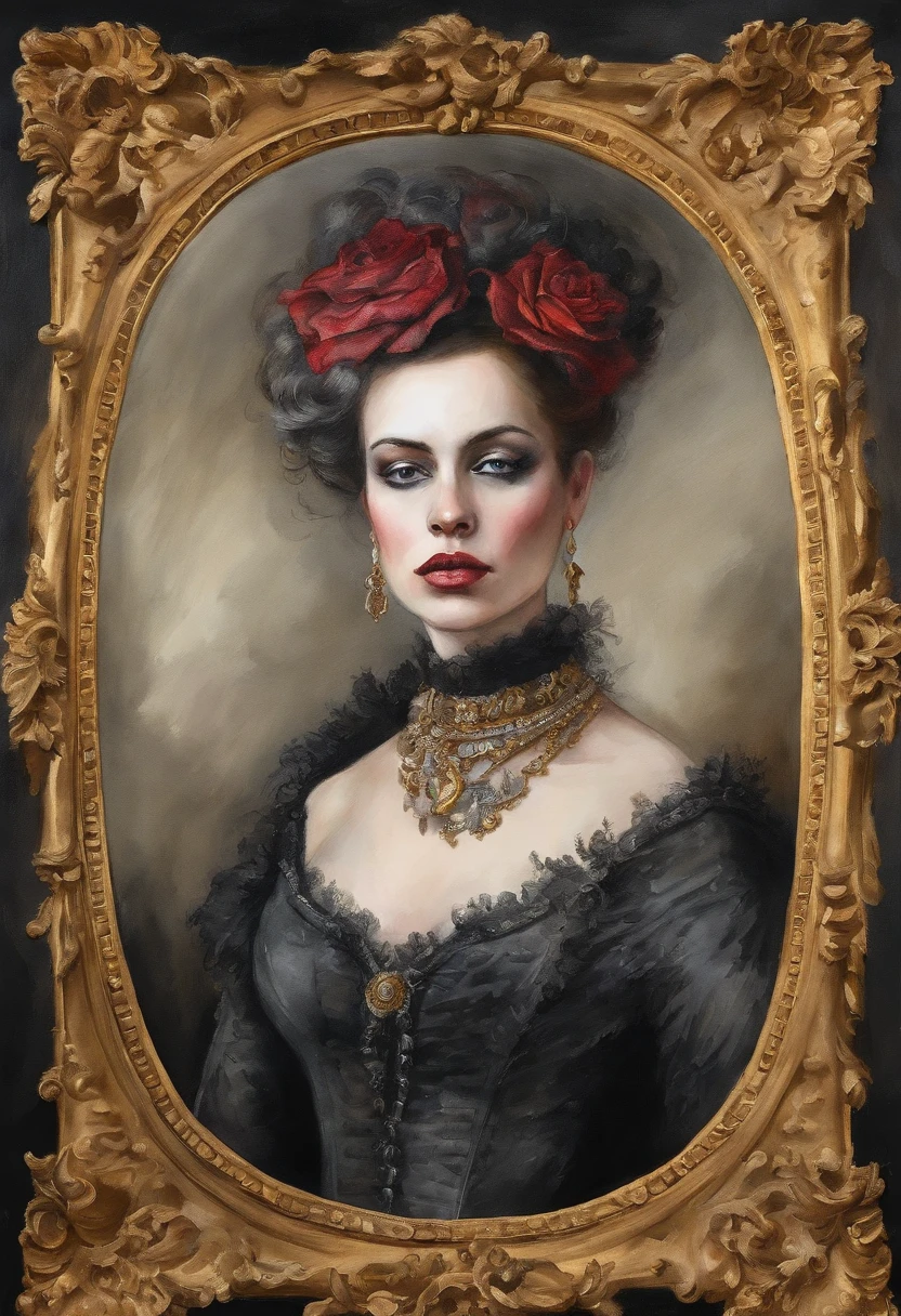 a Late Baroque, rococo regel 2d waterpaint oil painting fearful intimadating savage traditional fullbody queen female shaved skinpunk goth, emo goth spikey fashion shoot editorial style, Hypebeast ultra fast fashion with goth emo accessories inside a golden picture frame
