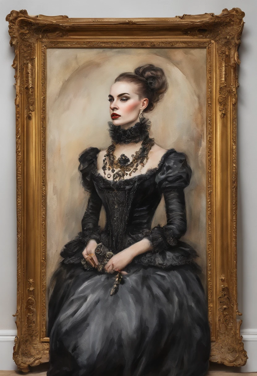 a Late Baroque, rococo regel 2d waterpaint oil painting fearful intimadating savage traditional fullbody queen female shaved skinpunk goth, emo goth spikey fashion shoot editorial style, Hypebeast ultra fast fashion with goth emo accessories inside a golden picture frame