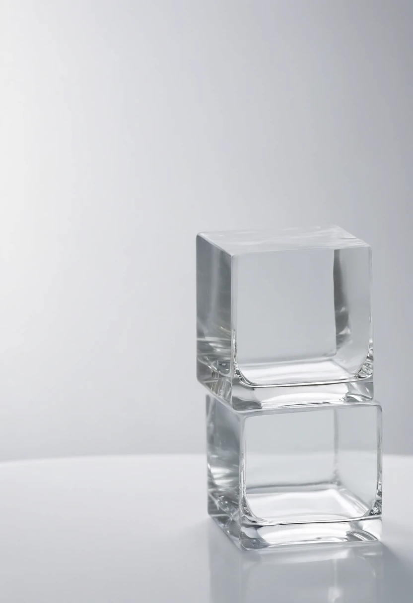 Solid white background，5 square pieces of glass stacked on top of each other，A little reflection and refraction，HD
