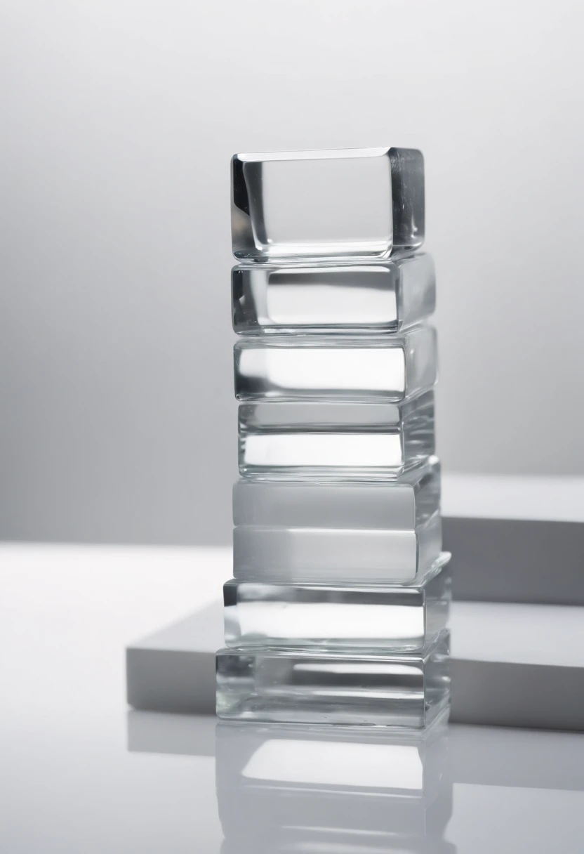 Solid white background，5 square pieces of glass stacked on top of each other，A little reflection and refraction，HD