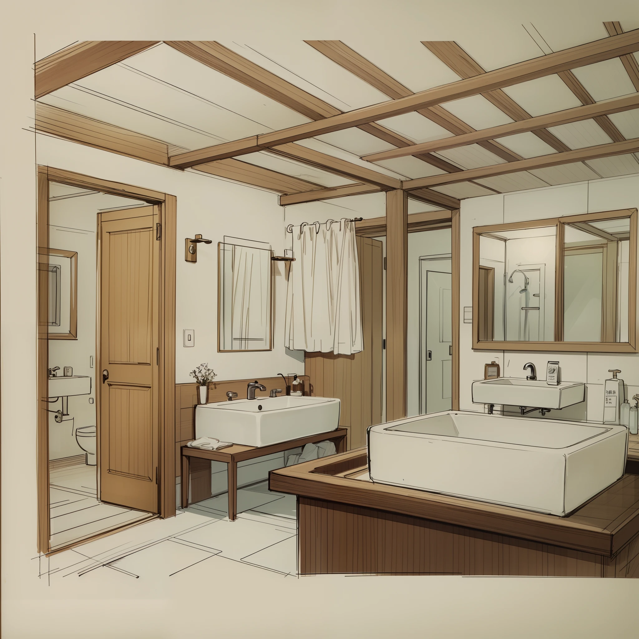 sketches of a hotel room and bathroom with a bed and a sink, by Hiroshi Honda, colorful architectural drawing, architectural illustration, by Hirosada II, by Hideyuki Kikuchi, interior design details, visual development, by Maeda Seison, interior design architecture, by Yasutomo Oka, by Oka Yasutomo, by Maeda Masao,