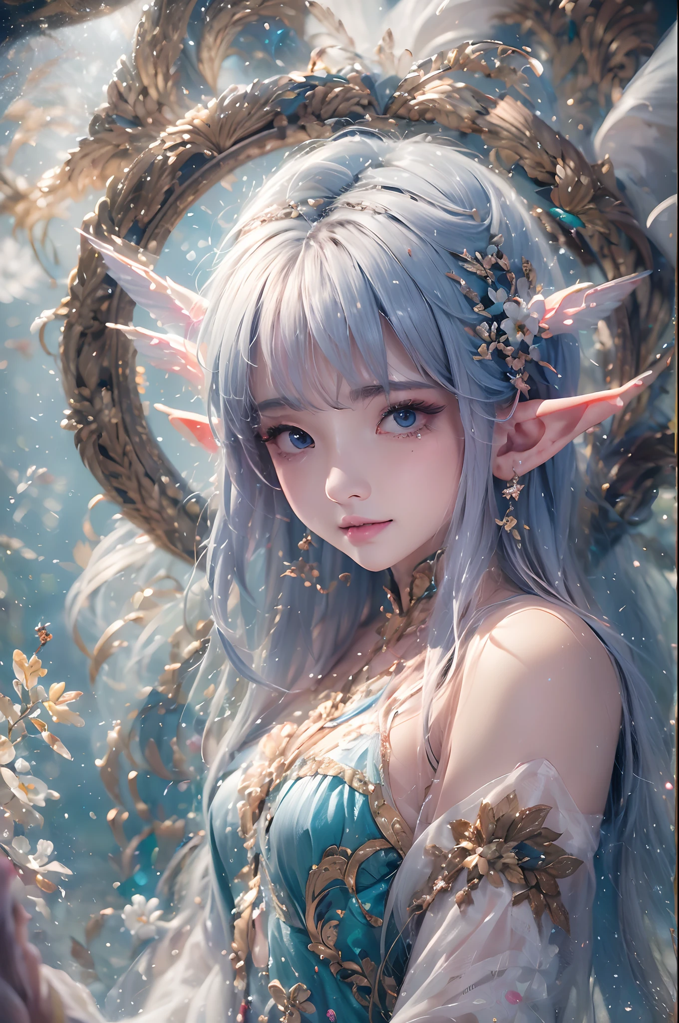 ( Absurd, High quality, Ultra-detailed, Masterpiece, concept-art, smooth, high detail artwork, Hyper-realistic painting ) , elf, Plum elf, plum , Transparent fairy wings, huge tit，low chest，fairytale-like, Romantic, Vivid, Whole body,hand behind back，Malu，largeeyes，（Eye focus），Cosmic eyes，Space eyes，ssmile，In nature with waterfalls，PureErosFace_V1，Urzang-6500-V1 Edition.1，