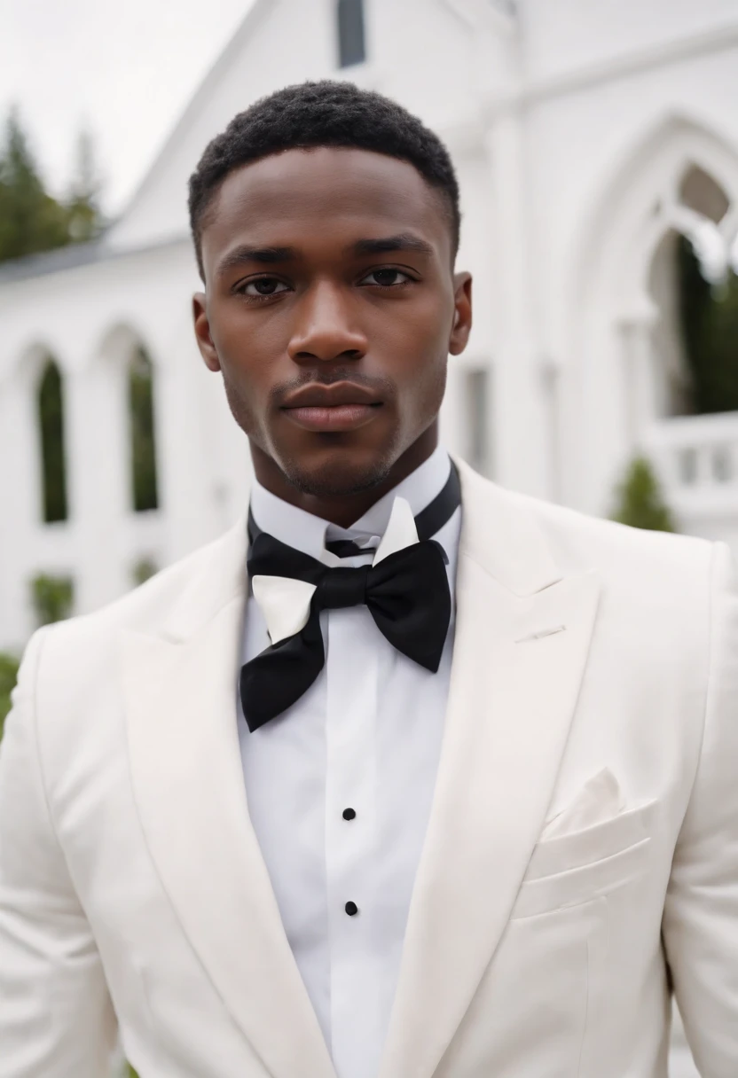 Young black man dressed in a white suit standing in front of a white chapel . Cinematographic photo-portrait